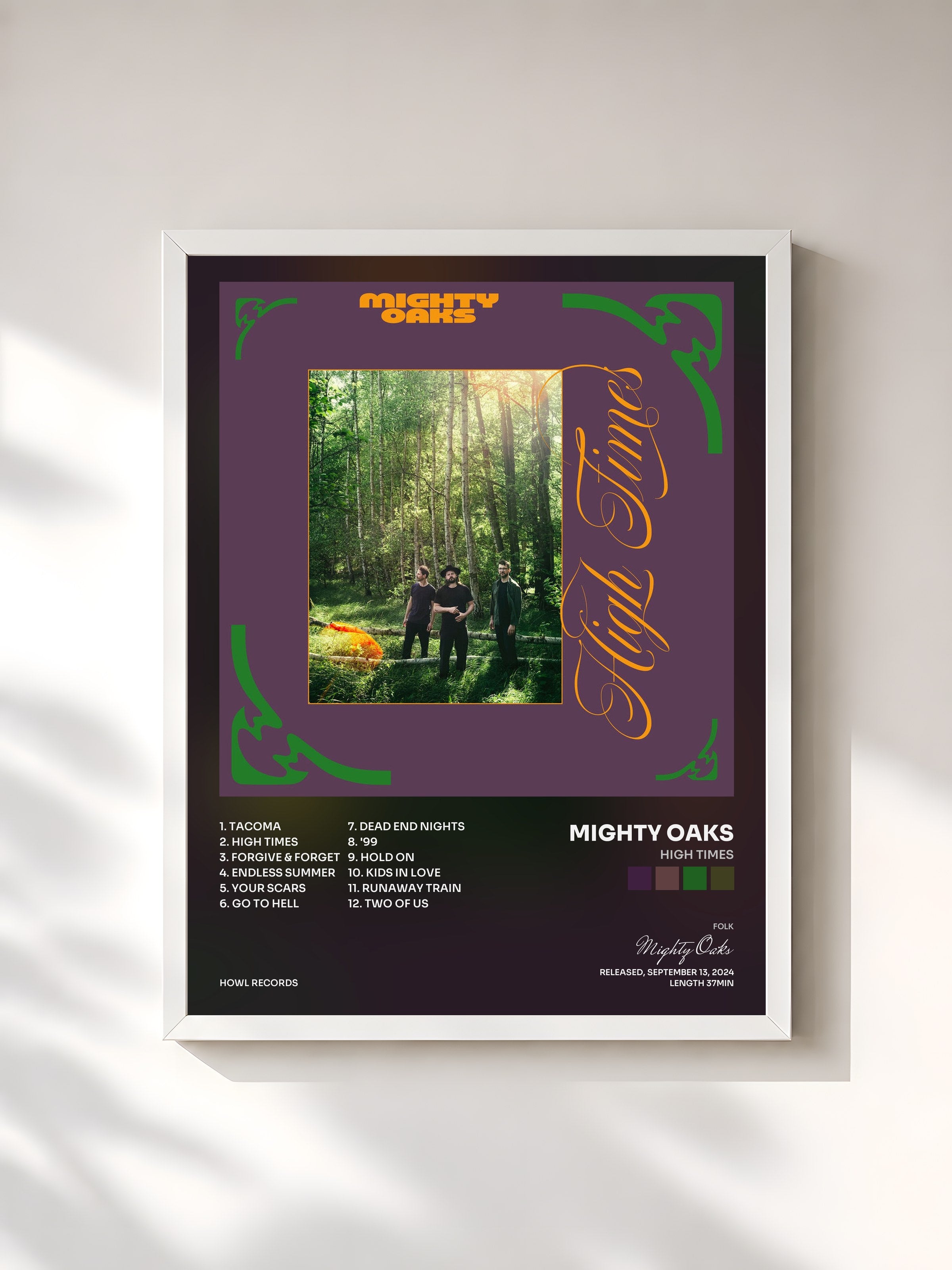 #blanc Tableau de l'album High Times de Mighty Oaks, cadre blanc, imprimé et encadré en France