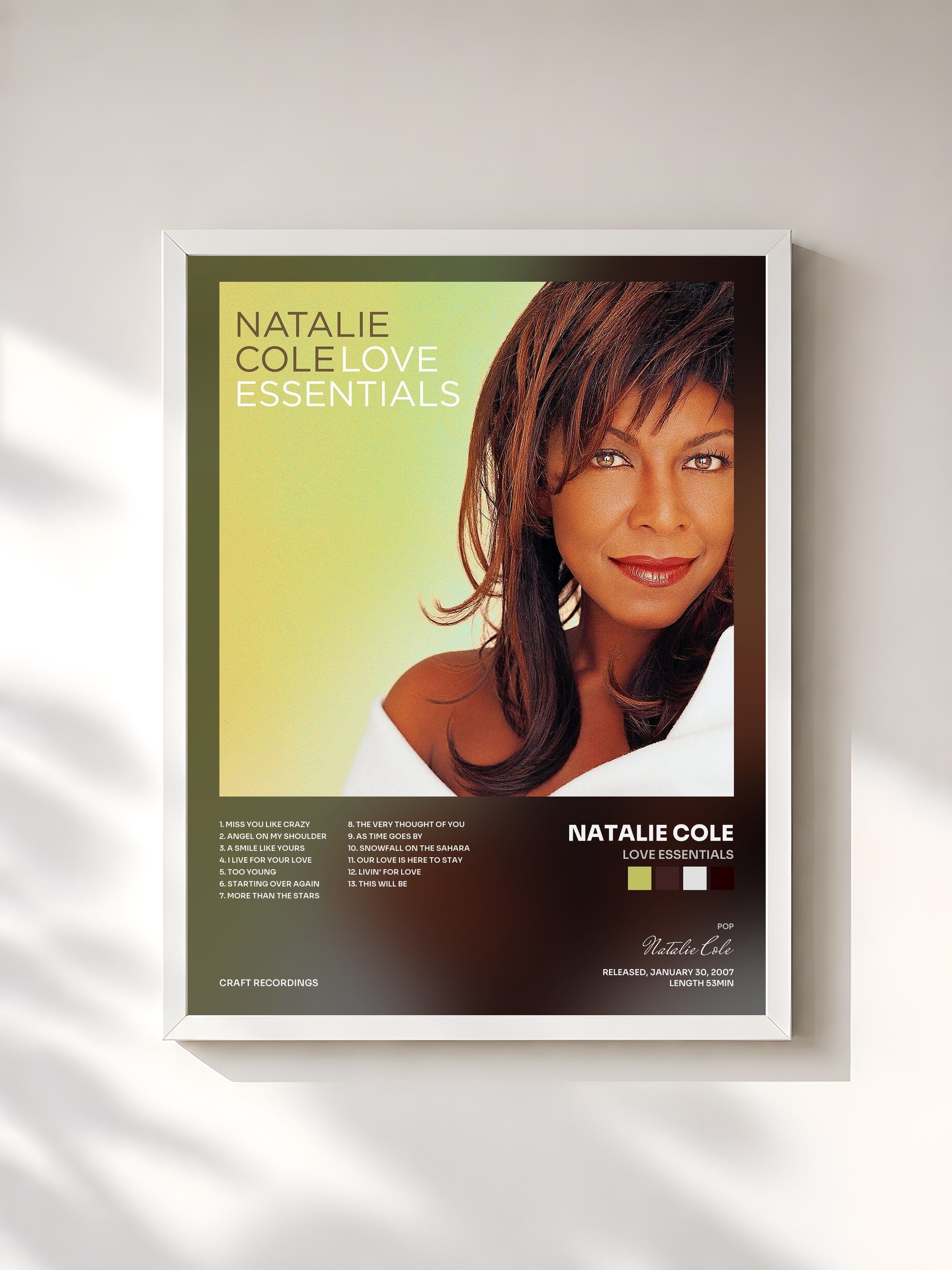 #blanc Tableau de l'album Love Essentials de Natalie Cole, cadre blanc, imprimé et encadré en France
