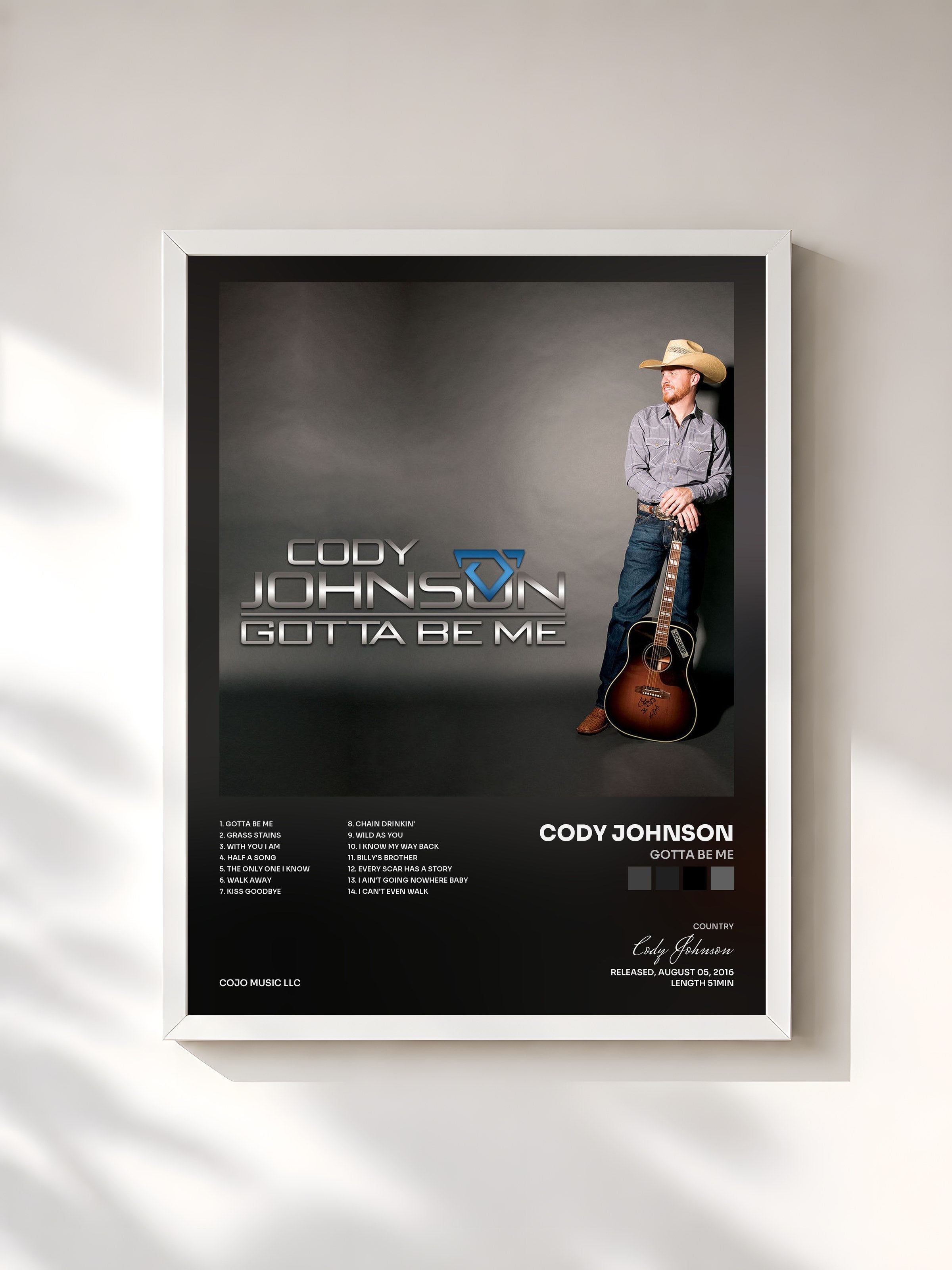 #blanc Tableau de l'album Gotta Be Me de Cody Johnson, cadre blanc, imprimé et encadré en France