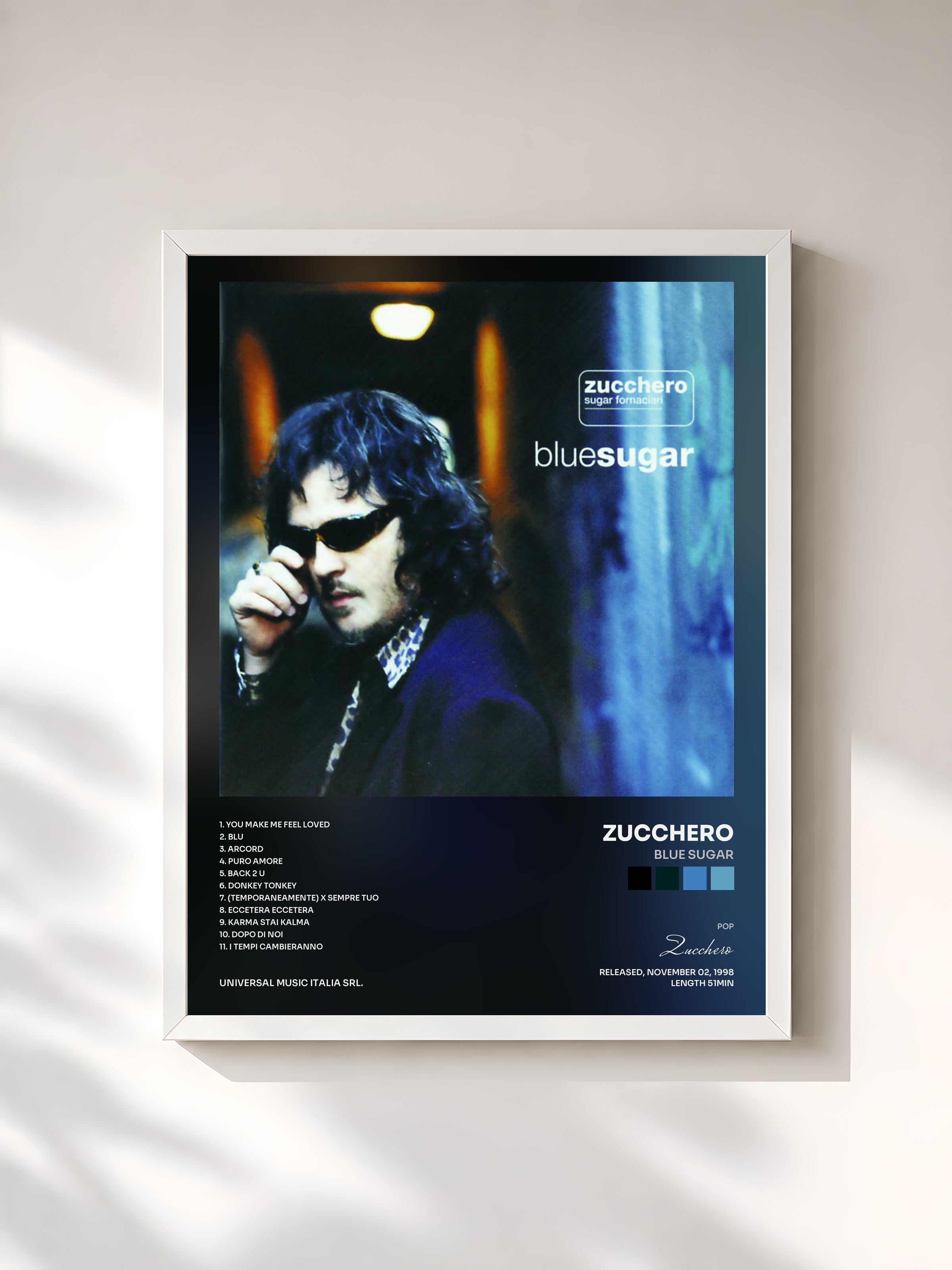 #blanc Tableau de l'album Blue Sugar de Zucchero, cadre blanc, imprimé et encadré en France