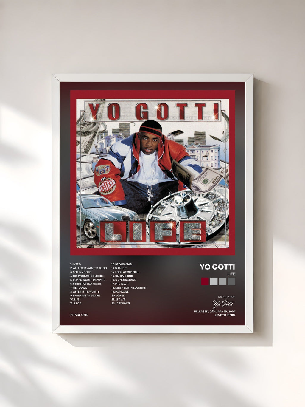 #blanc Tableau de l'album Life de Yo Gotti, cadre blanc, imprimé et encadré en France