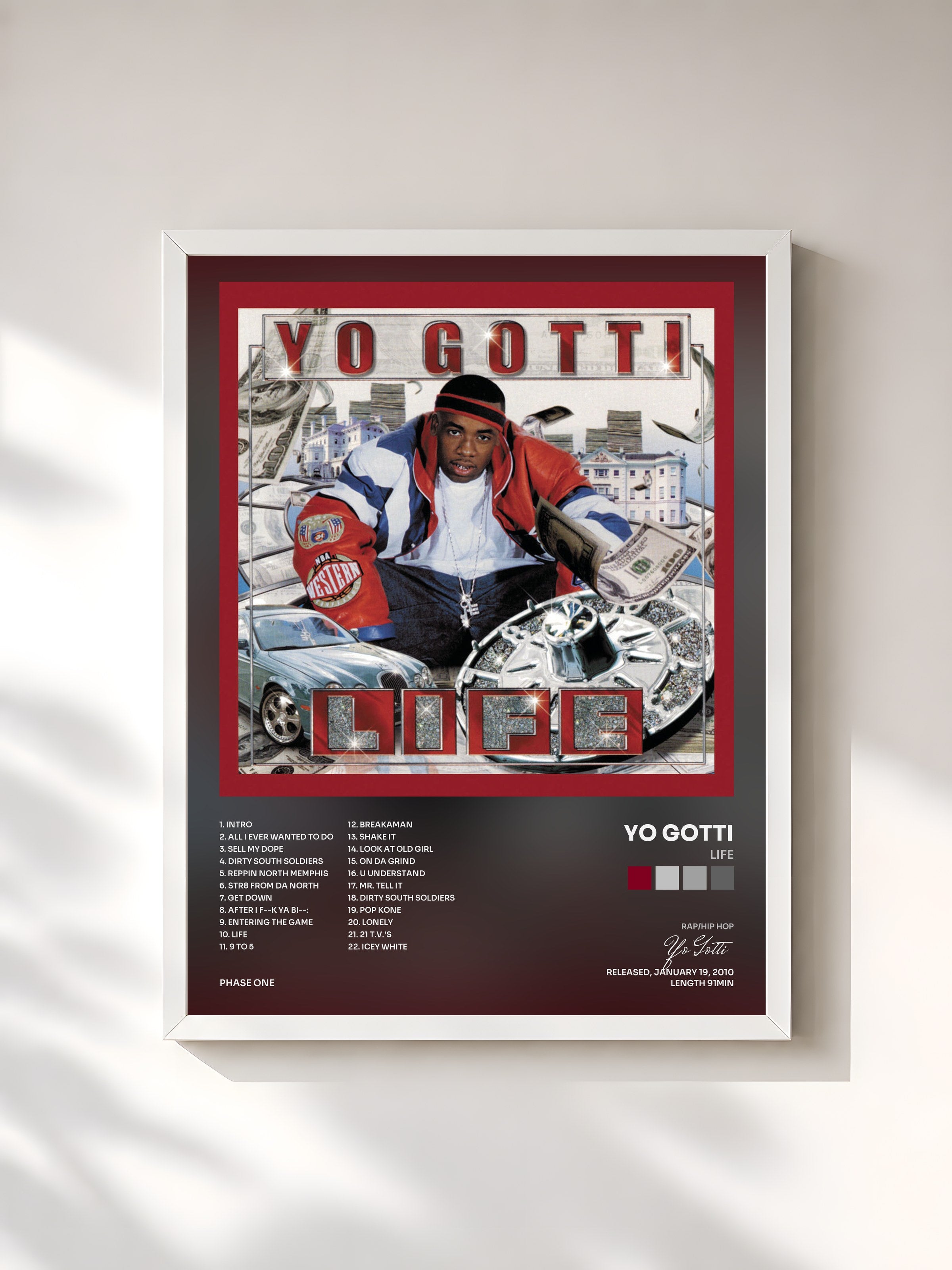 #blanc Tableau de l'album Life de Yo Gotti, cadre blanc, imprimé et encadré en France