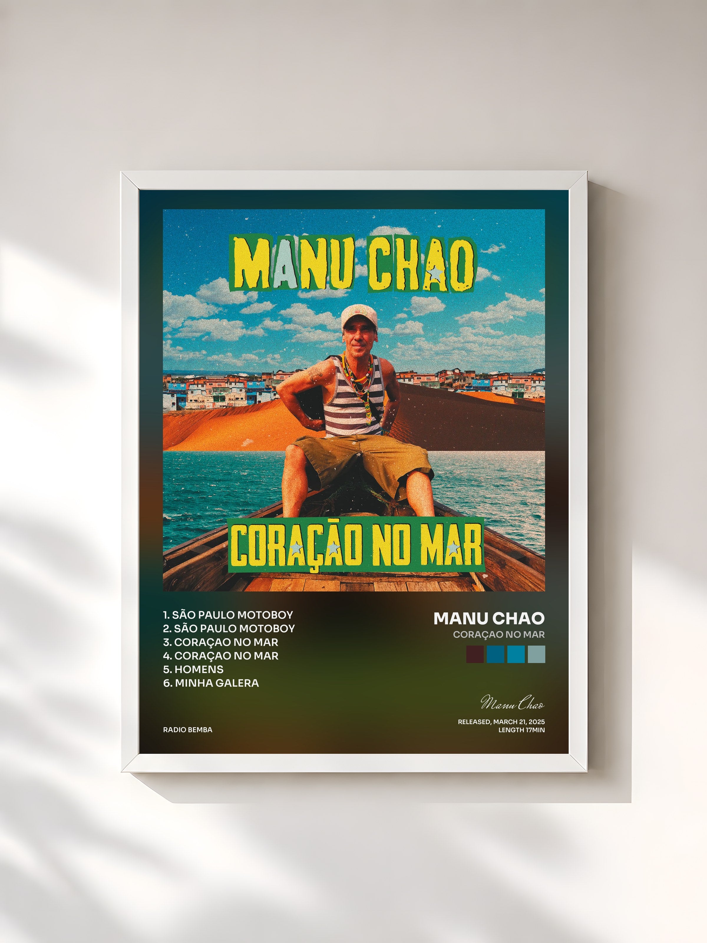 #blanc Tableau de l'album Coraçao No Mar de Manu Chao, cadre blanc, imprimé et encadré en France