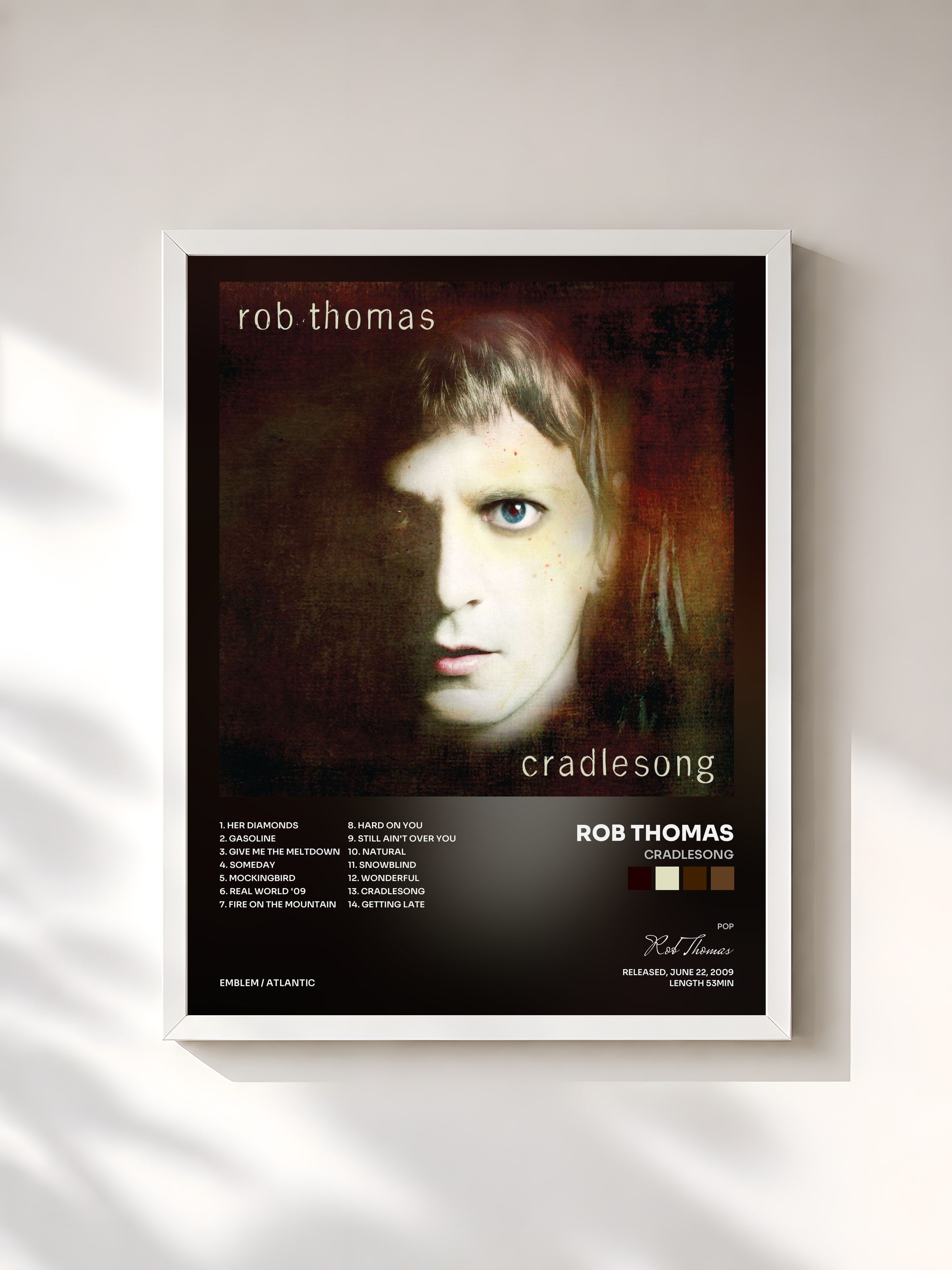#blanc Tableau de l'album Cradlesong de Rob Thomas, cadre blanc, imprimé et encadré en France