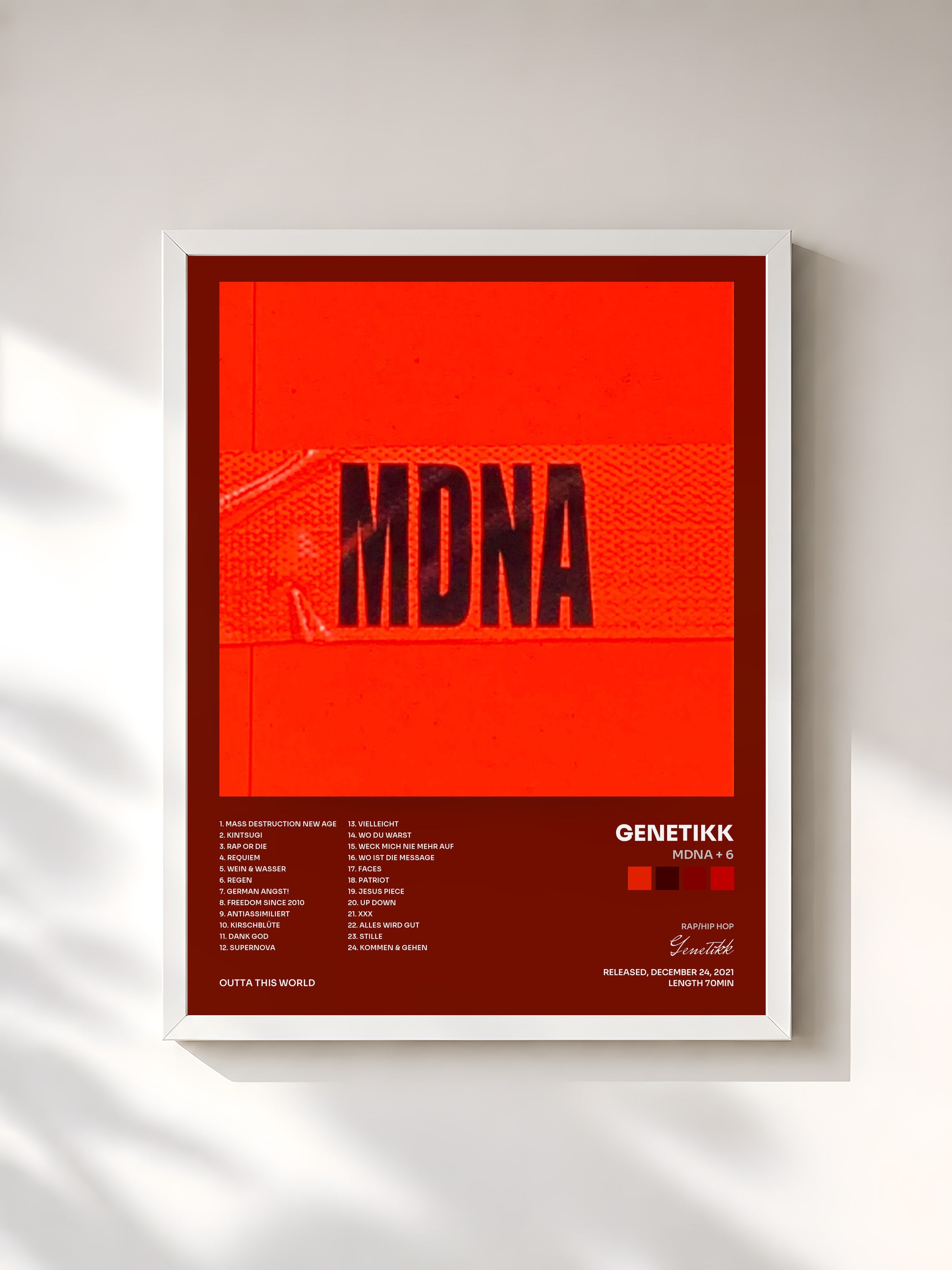 #blanc Tableau de l'album MDNA + 6 de Genetikk, cadre blanc, imprimé et encadré en France