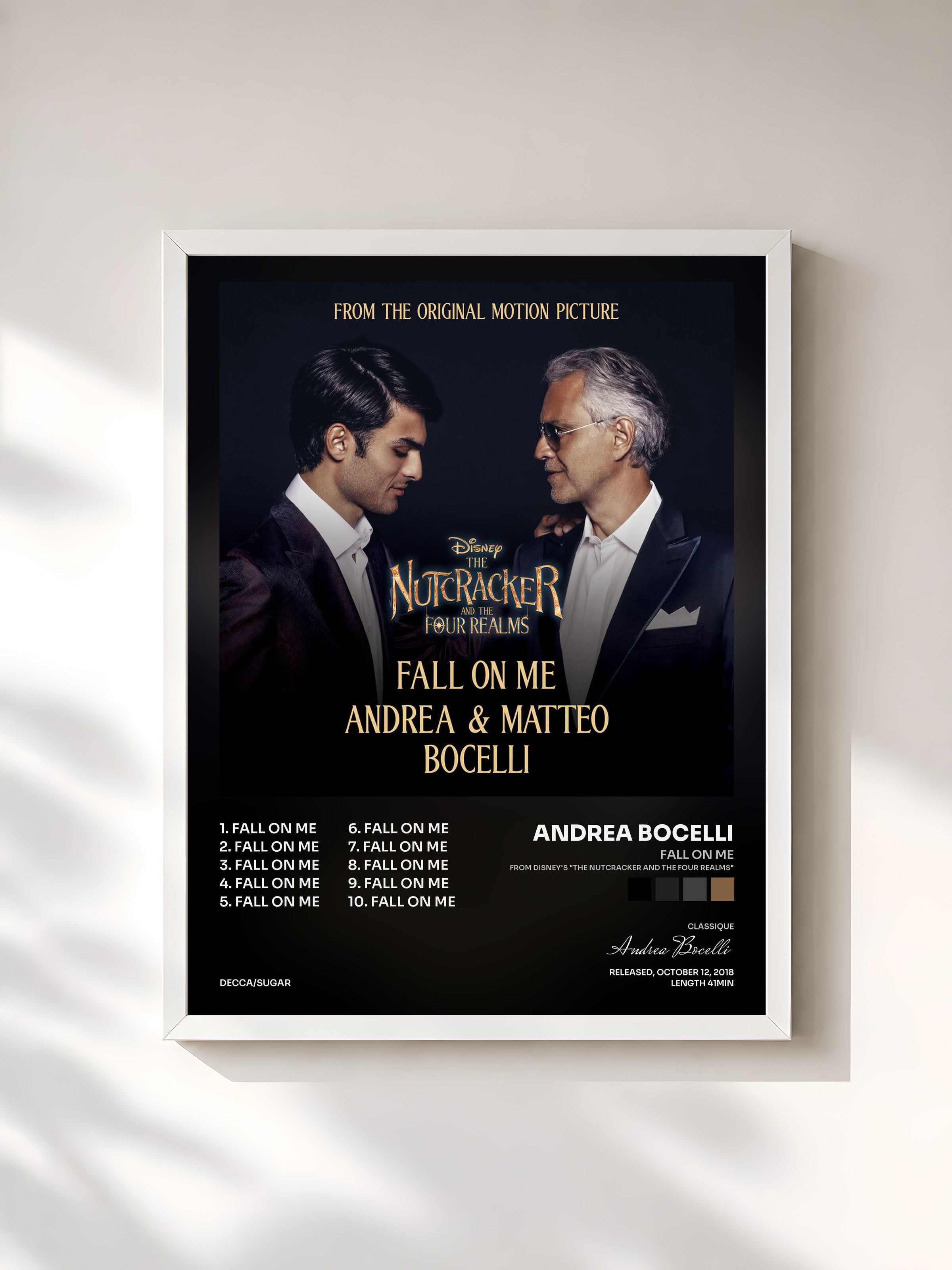 #blanc Tableau de l'album Fall On Me (From Disney's "The Nutcracker And The Four Realms") de Andrea Bocelli, cadre blanc, imprimé et encadré en France