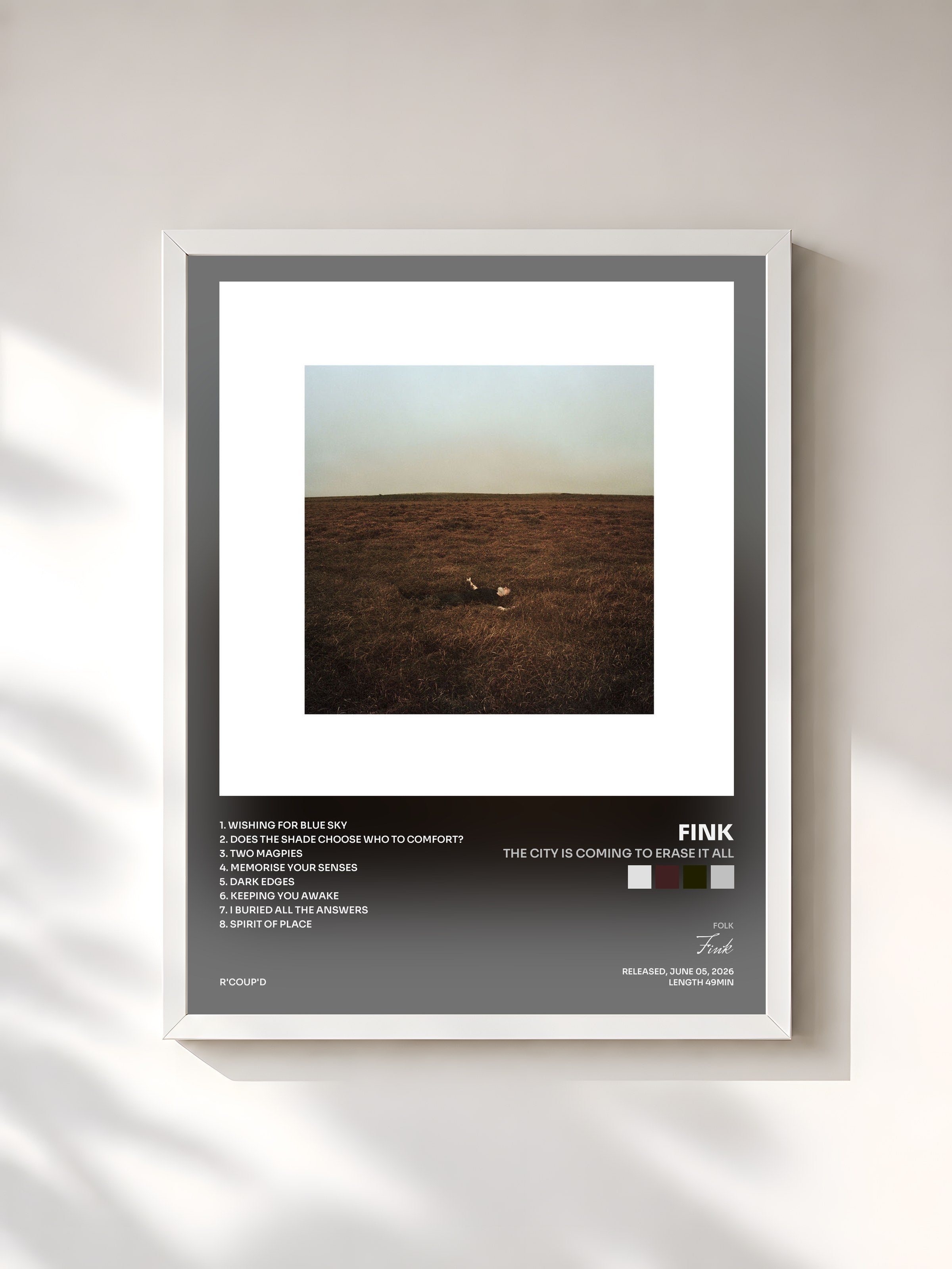 #blanc Tableau de l'album The City Is Coming To Erase It All de Fink, cadre blanc, imprimé et encadré en France