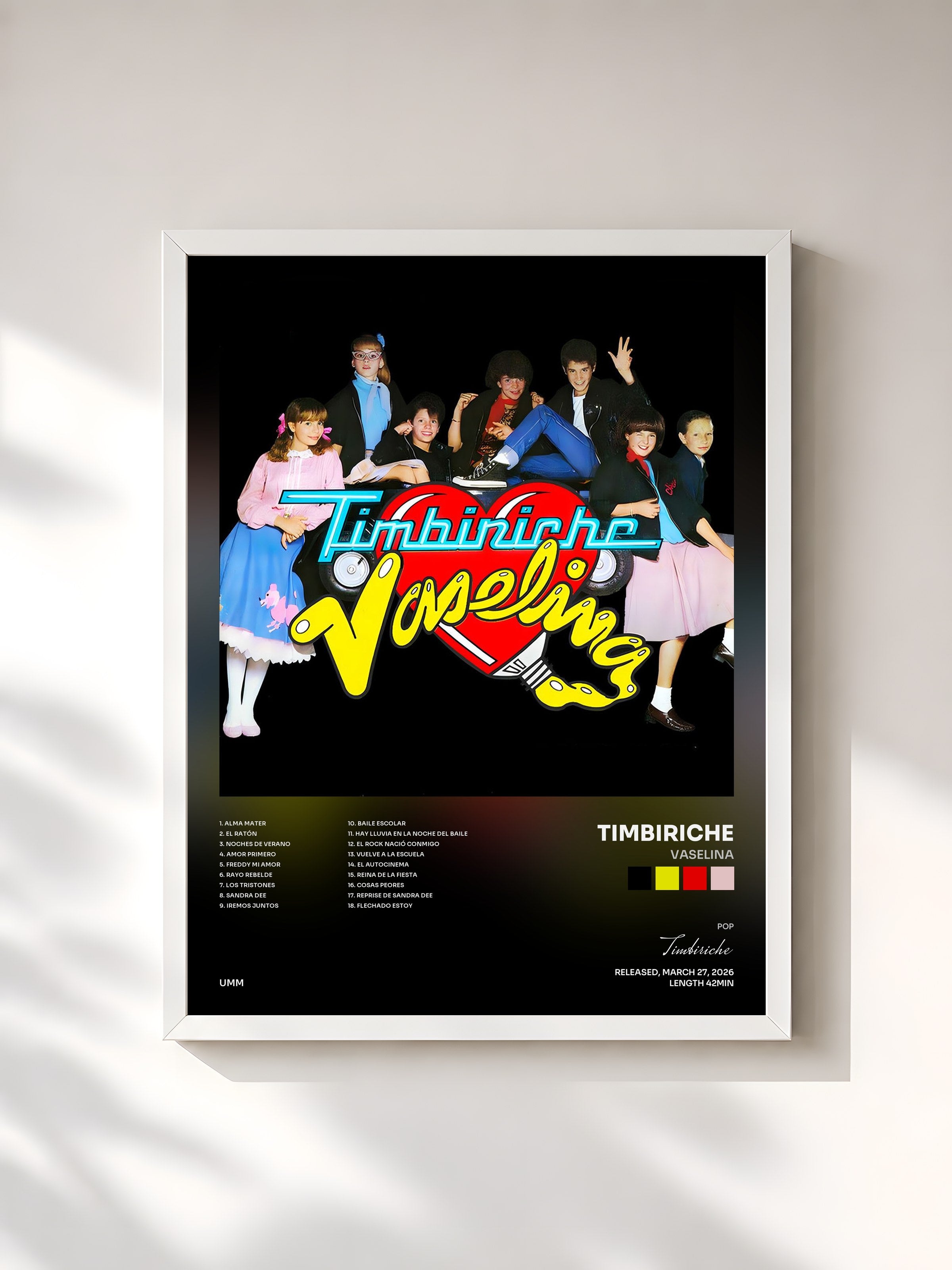 #blanc Tableau de l'album Vaselina de Timbiriche, cadre blanc, imprimé et encadré en France
