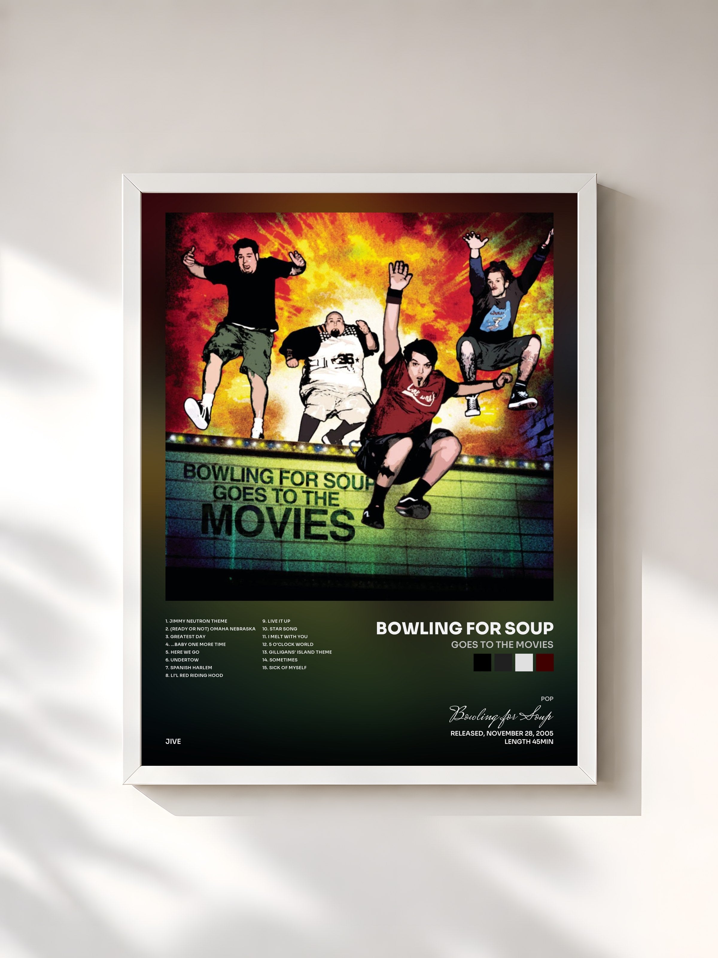 #blanc Tableau de l'album Goes To The Movies de Bowling for Soup, cadre blanc, imprimé et encadré en France
