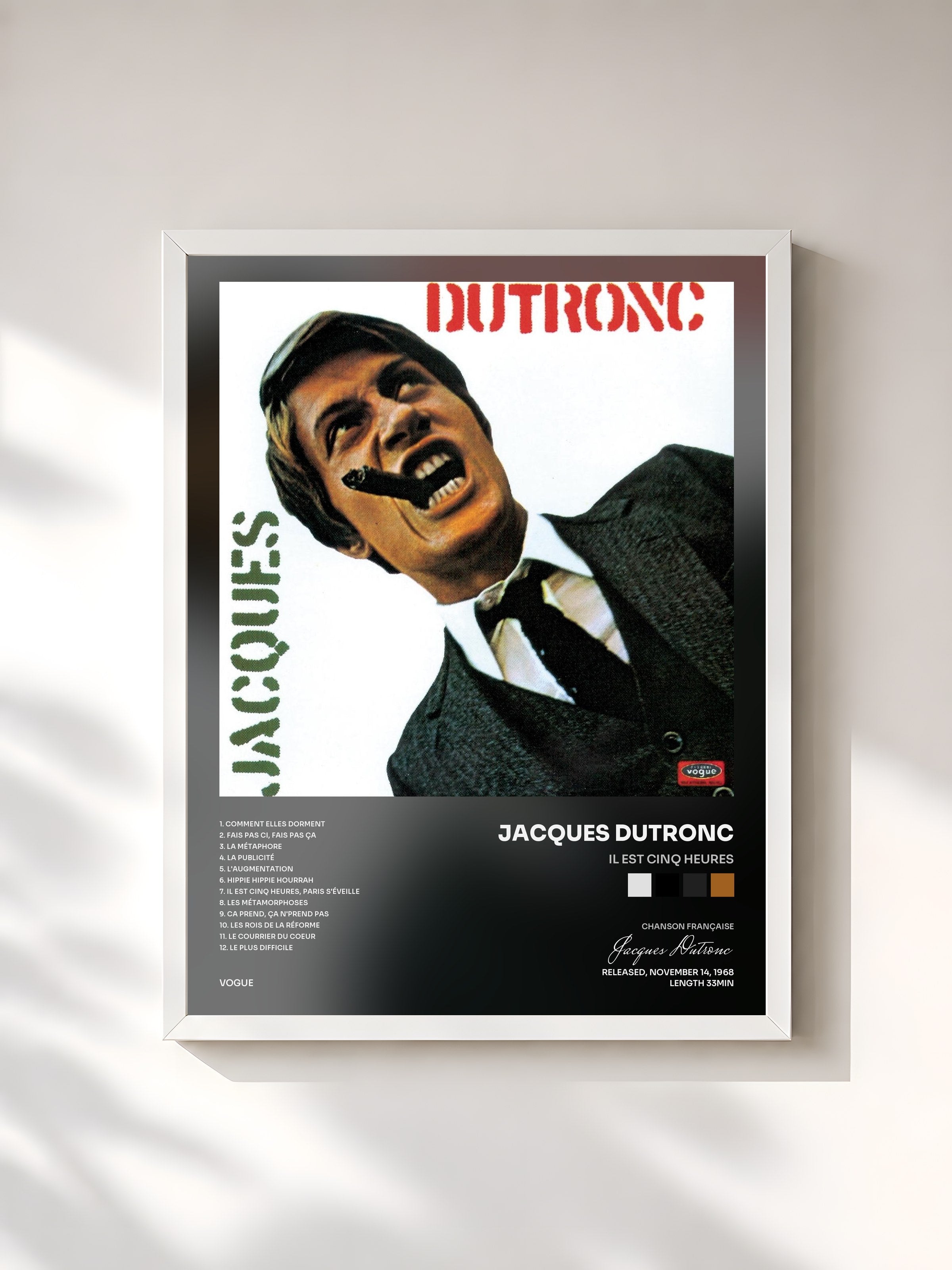 #blanc Tableau de l'album Il est cinq heures de Jacques Dutronc, cadre blanc, imprimé et encadré en France