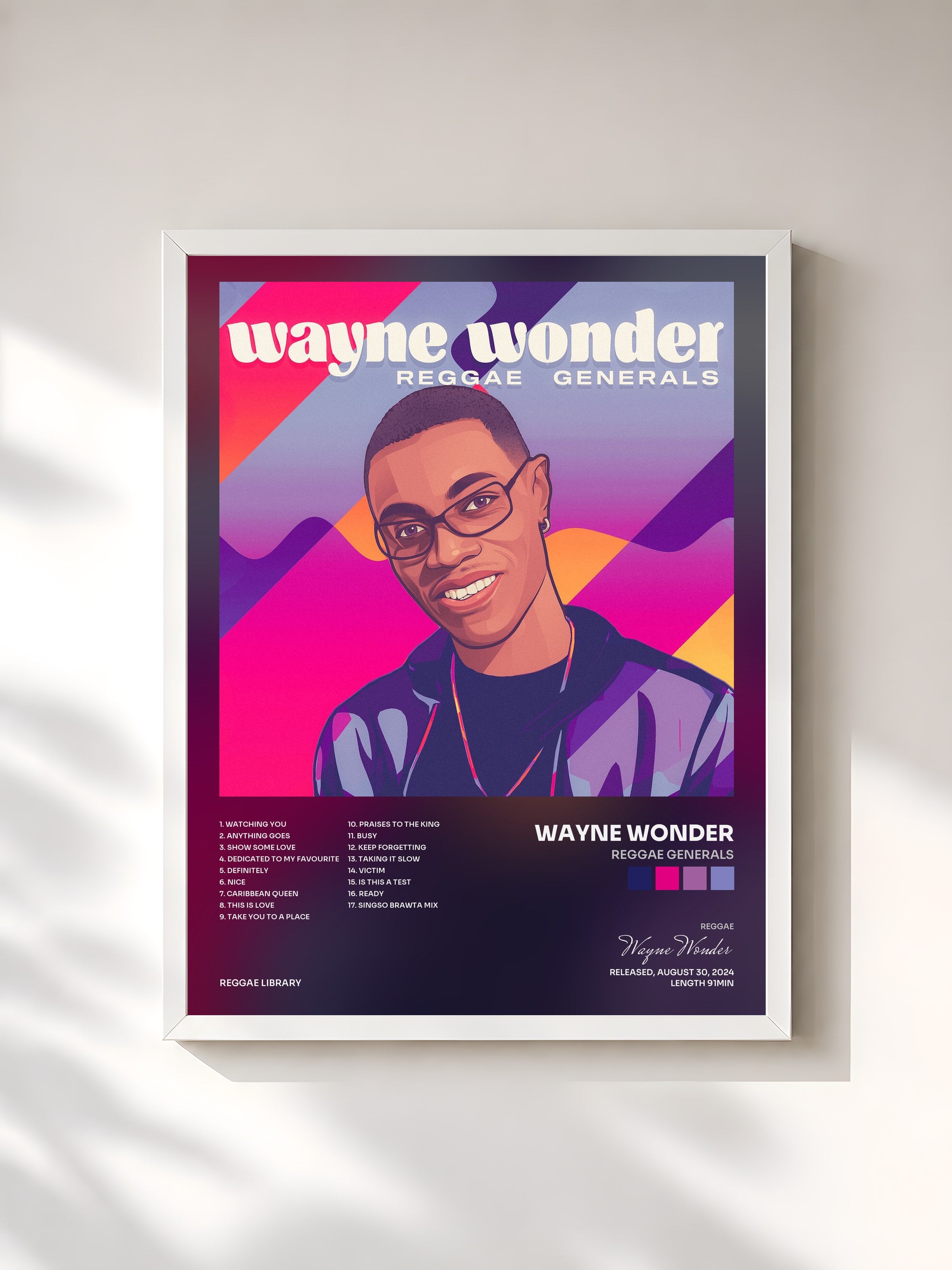 #blanc Tableau de l'album Reggae Generals de Wayne Wonder, cadre blanc, imprimé et encadré en France