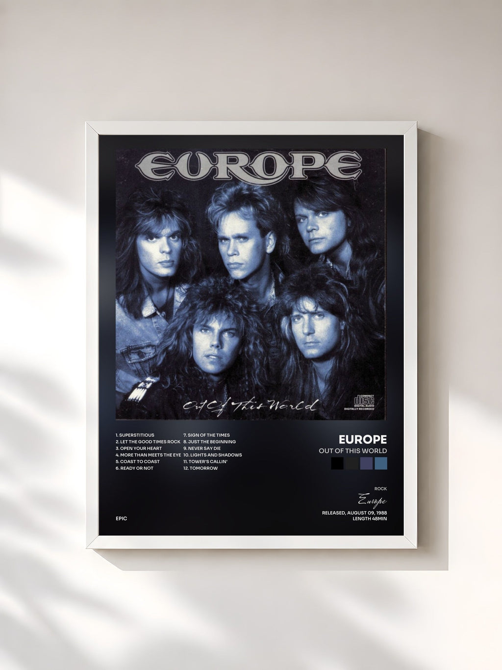 #blanc Tableau de l'album Out Of This World de Europe, cadre blanc, imprimé et encadré en France