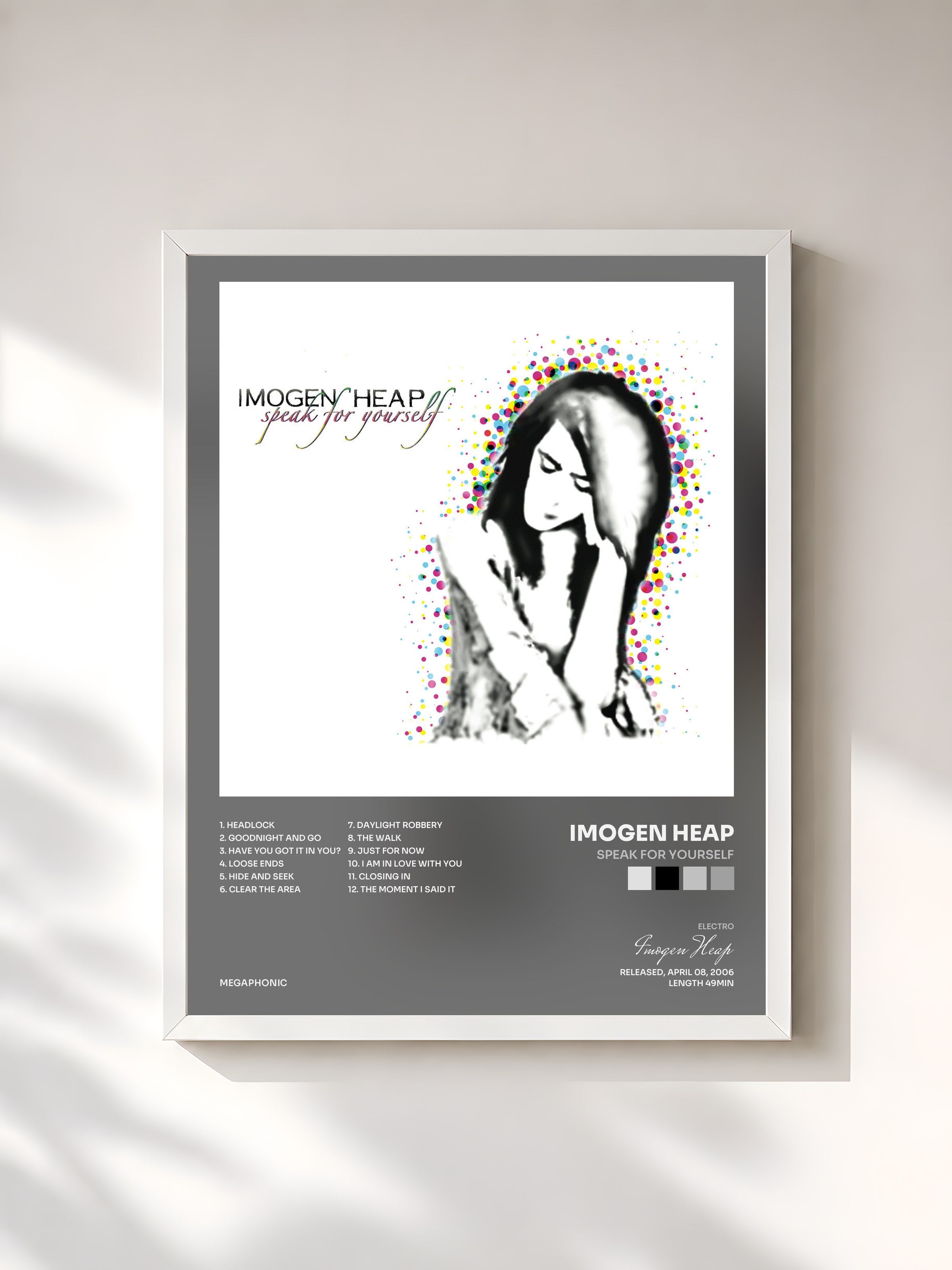 #blanc Tableau de l'album Speak for Yourself de Imogen Heap, cadre blanc, imprimé et encadré en France