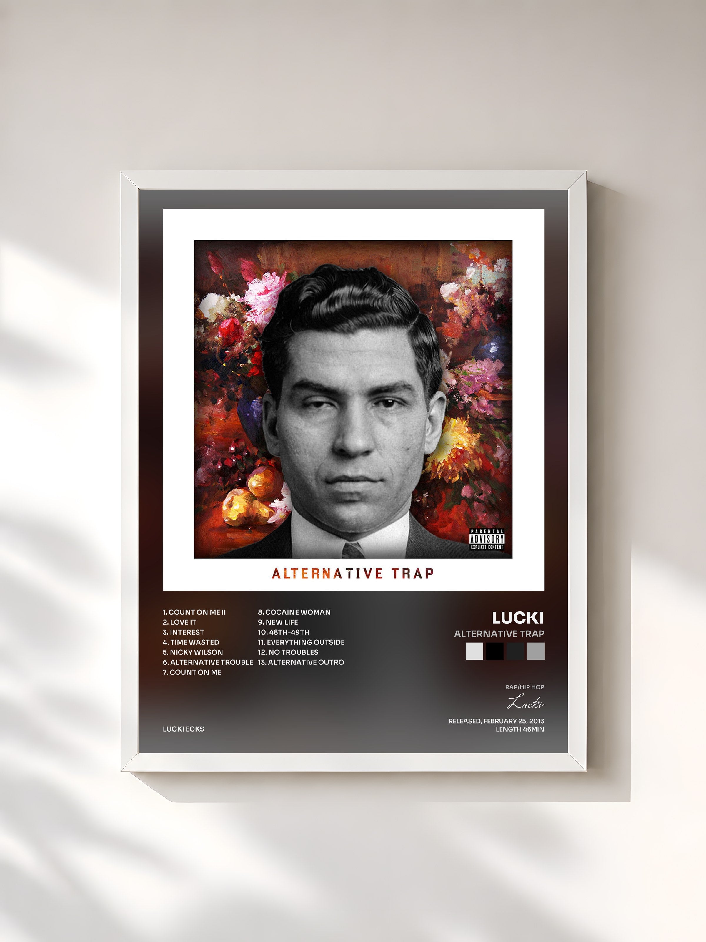 #blanc Tableau de l'album Alternative Trap de Lucki, cadre blanc, imprimé et encadré en France