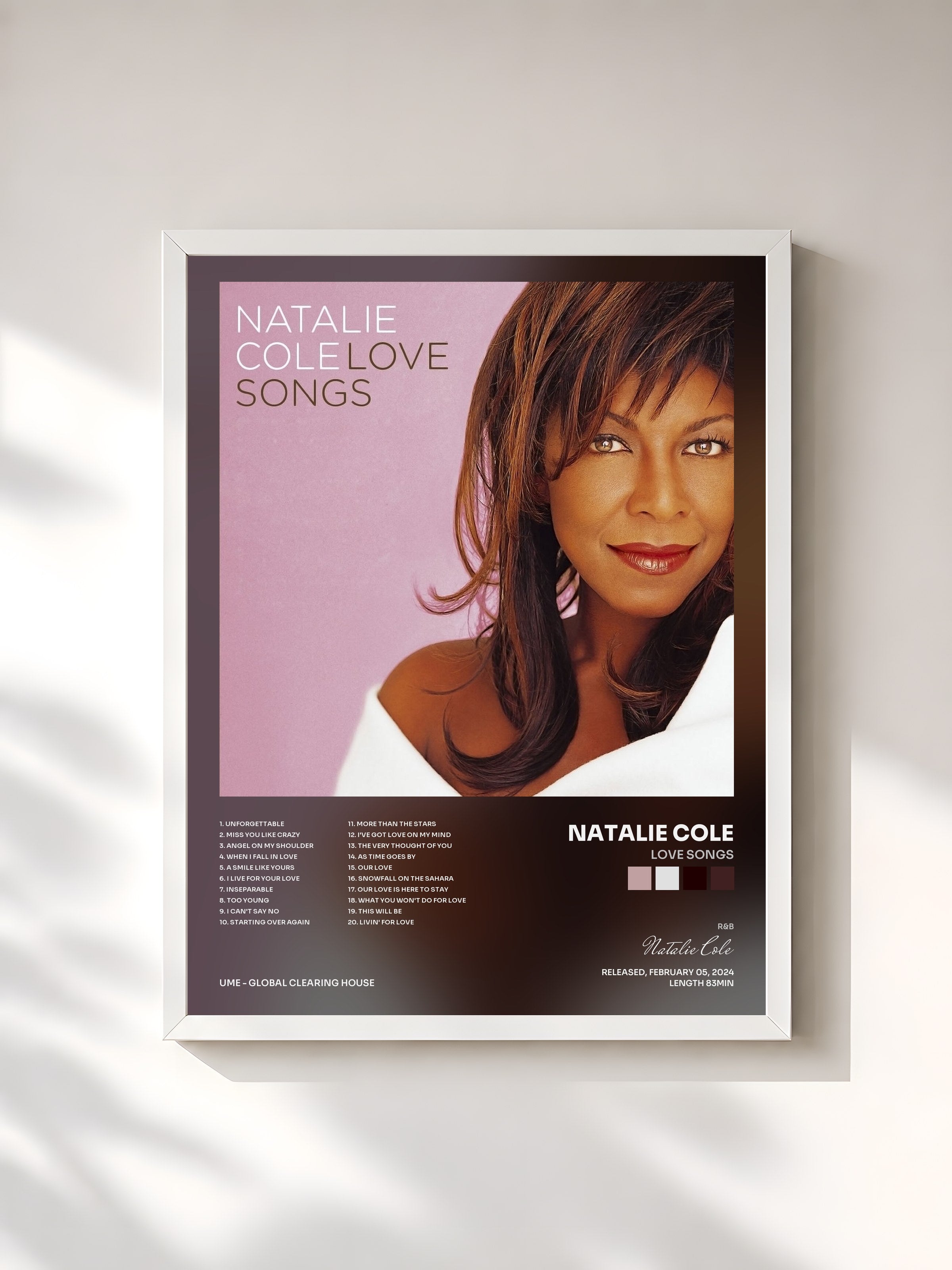 #blanc Tableau de l'album Love Songs de Natalie Cole, cadre blanc, imprimé et encadré en France