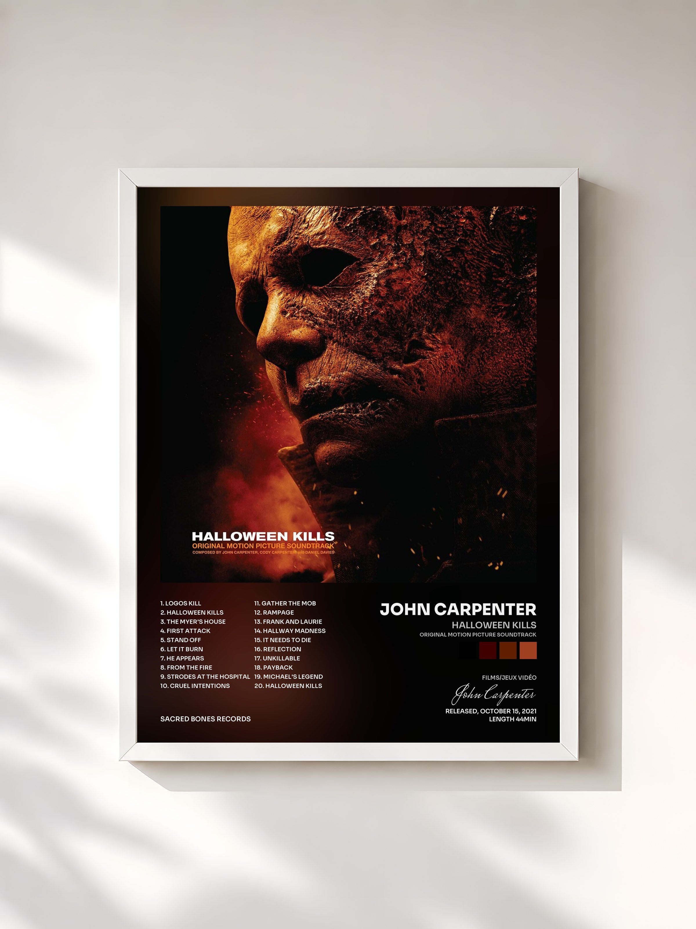 #blanc Tableau de l'album Halloween Kills (Original Motion Picture Soundtrack) de John Carpenter, cadre blanc, imprimé et encadré en France