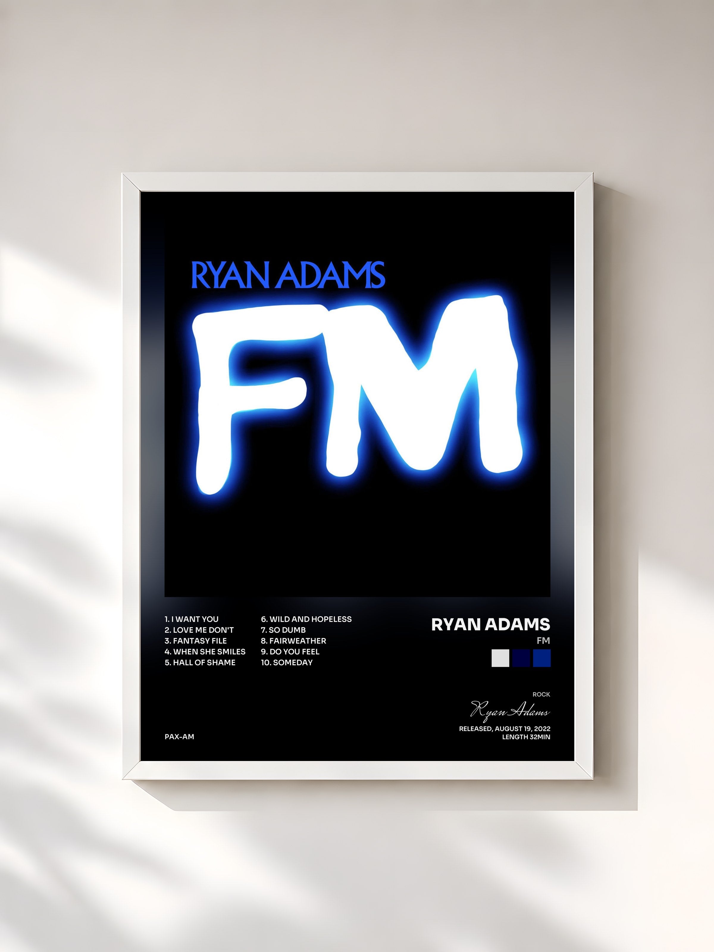 #blanc Tableau de l'album FM de Ryan Adams, cadre blanc, imprimé et encadré en France