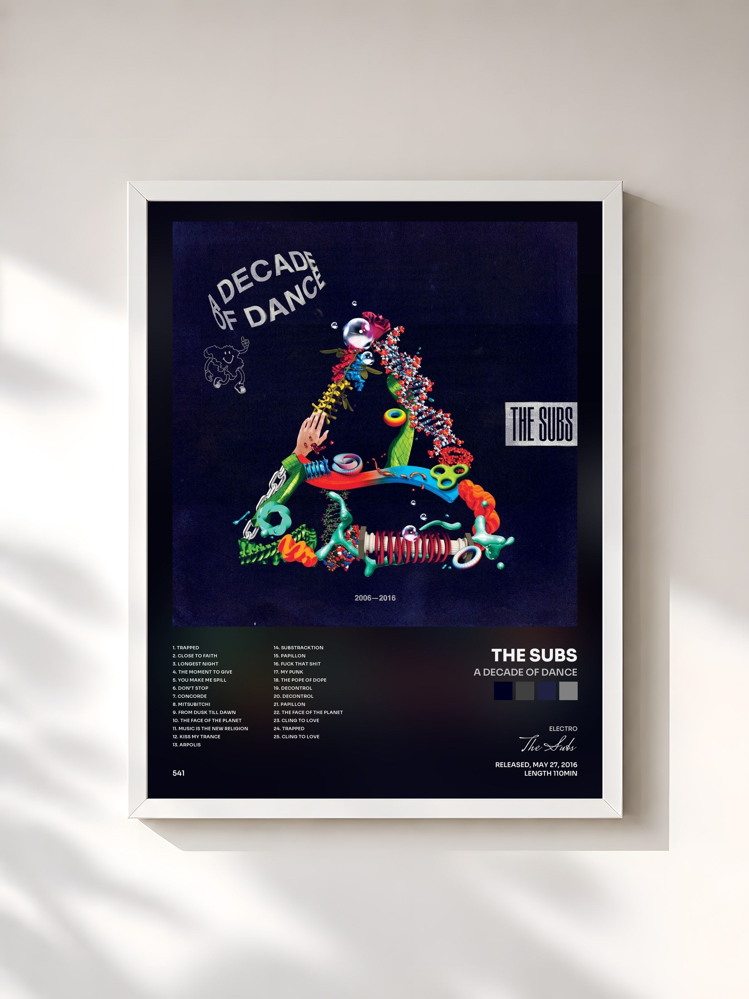 #blanc Tableau de l'album A Decade Of Dance de The Subs, cadre blanc, imprimé et encadré en France