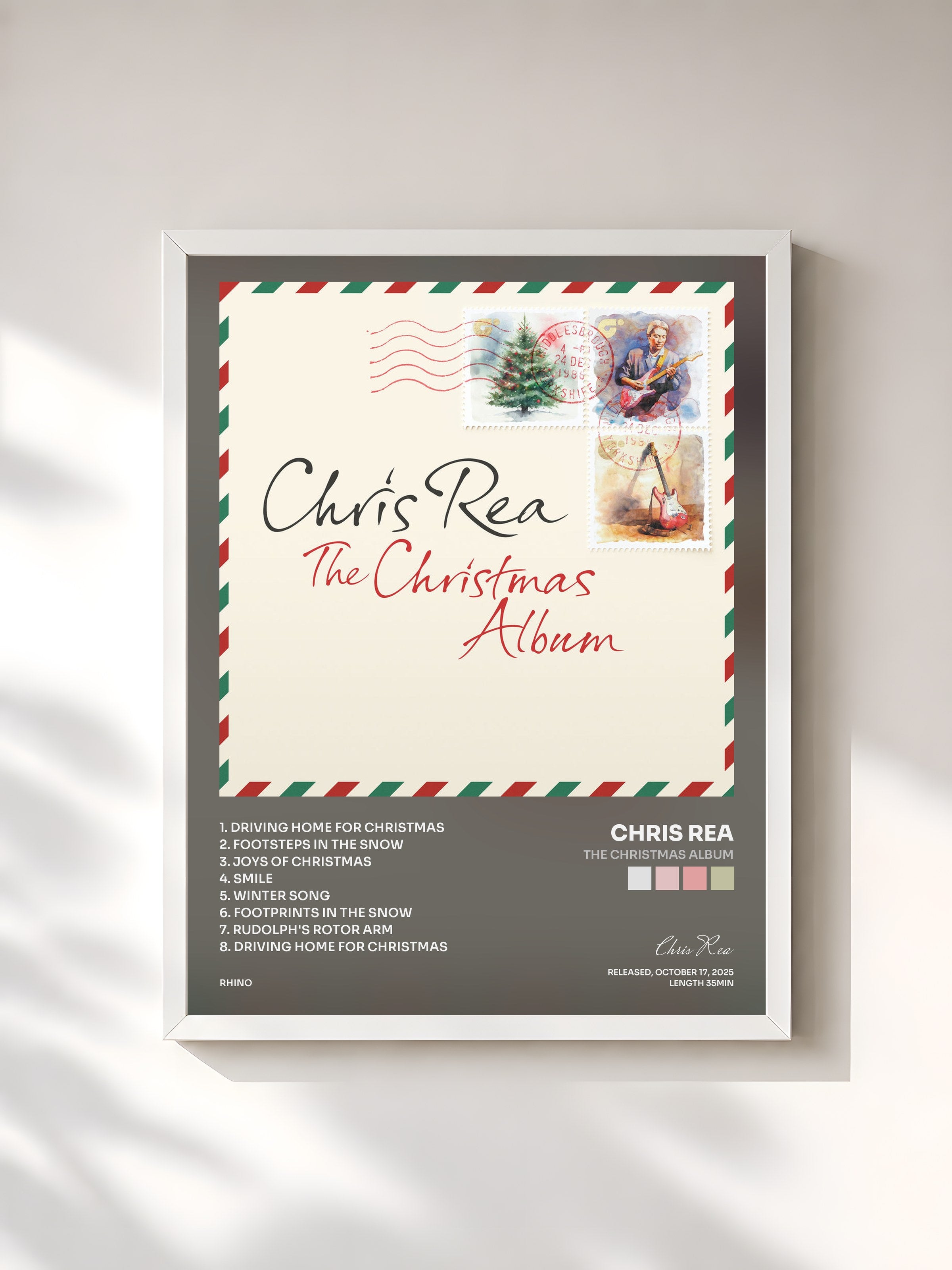 #blanc Tableau de l'album The Christmas Album de Chris Rea, cadre blanc, imprimé et encadré en France