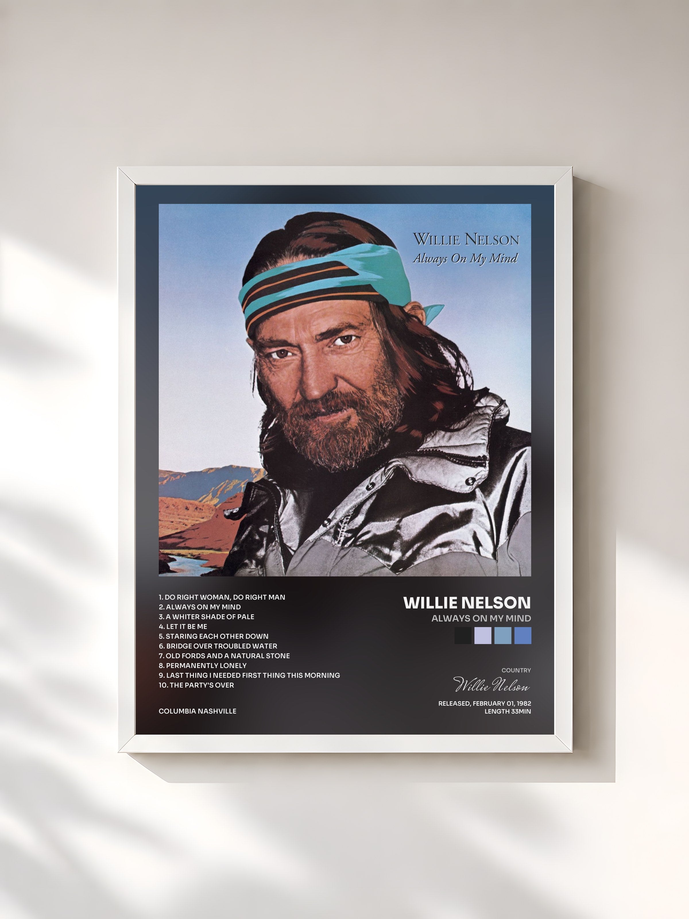 #blanc Tableau de l'album Always On My Mind de Willie Nelson, cadre blanc, imprimé et encadré en France