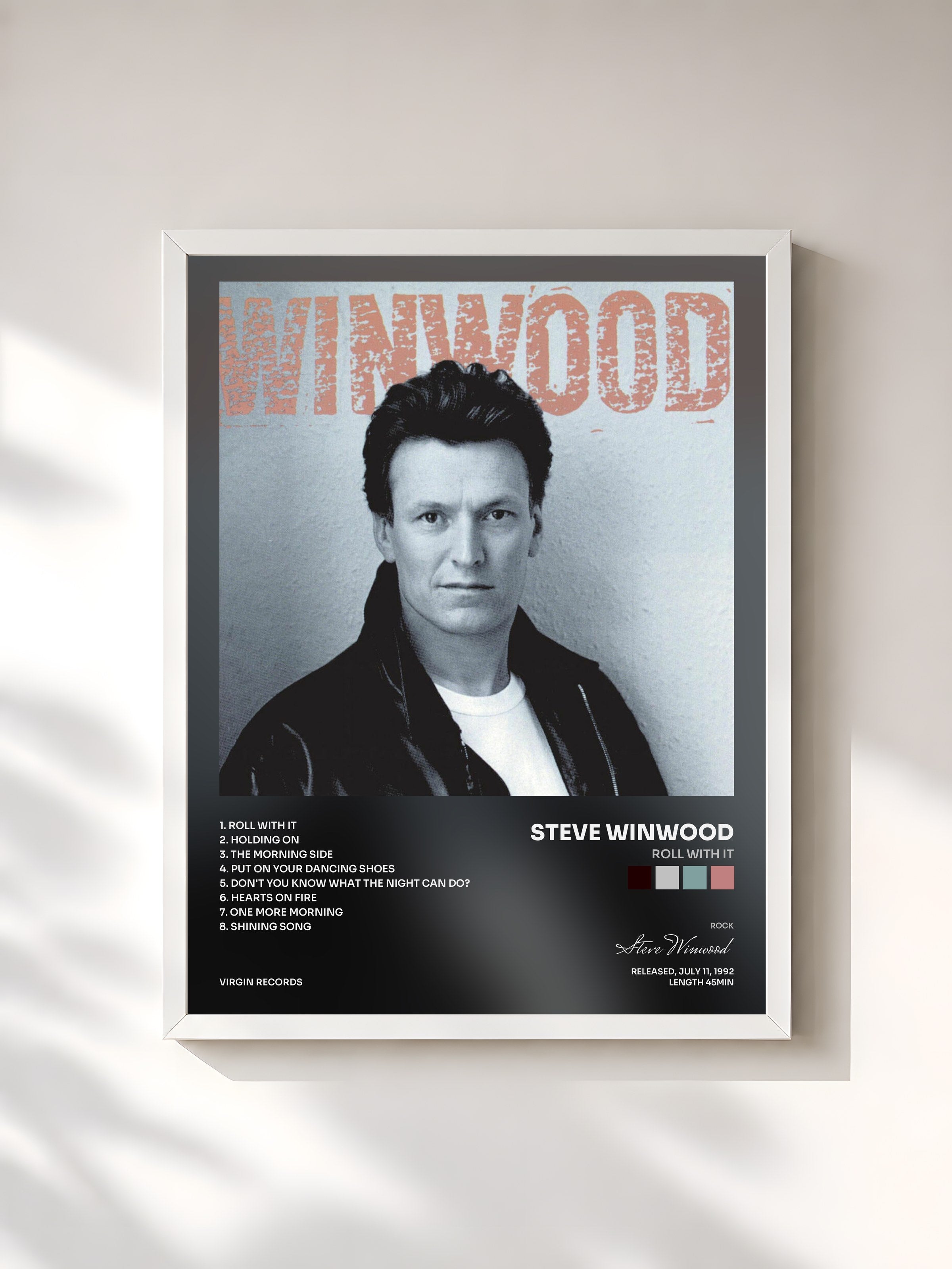 #blanc Tableau de l'album Roll With It de Steve Winwood, cadre blanc, imprimé et encadré en France