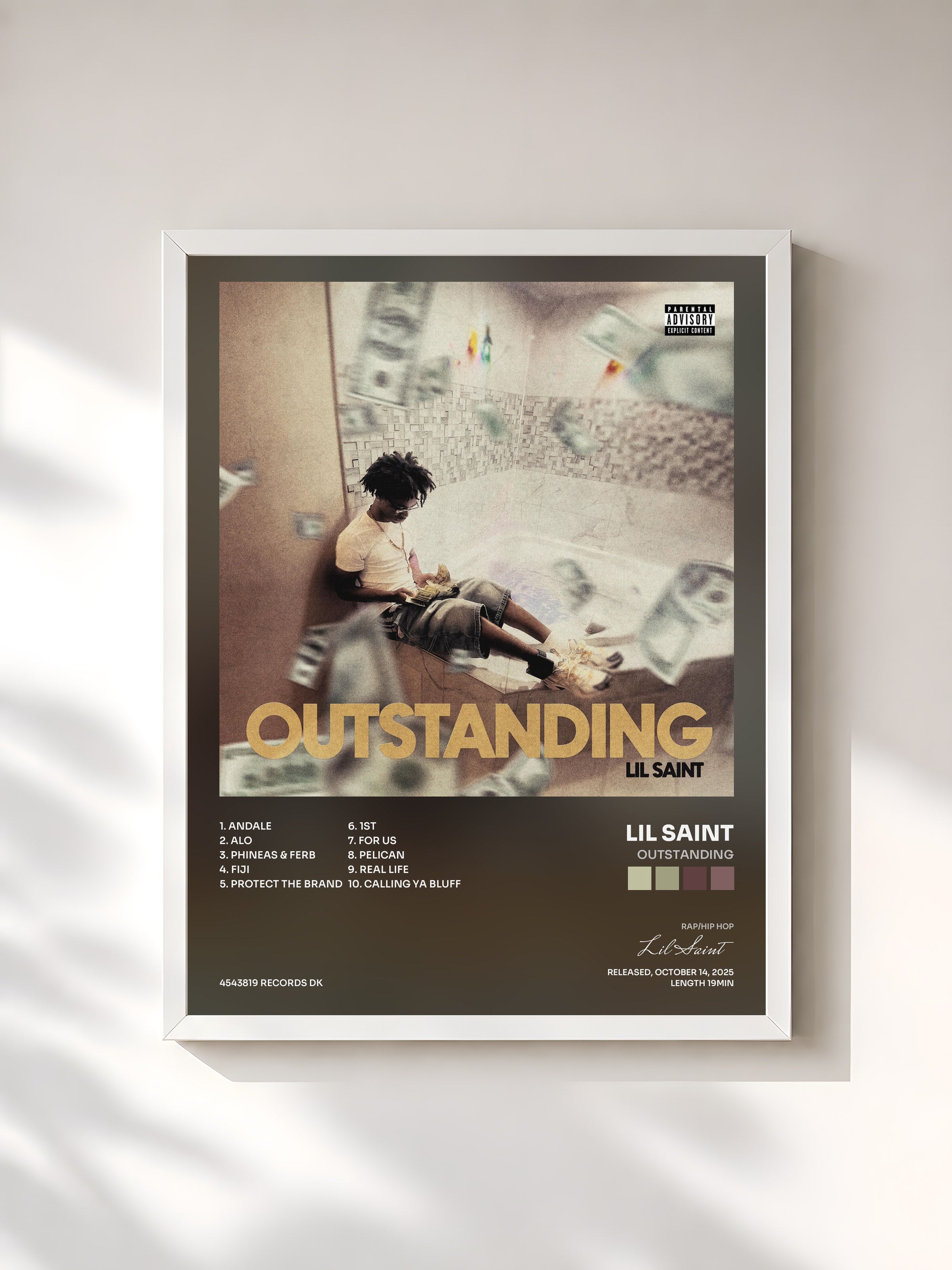 #blanc Tableau de l'album OUTSTANDING de Lil Saint, cadre blanc, imprimé et encadré en France