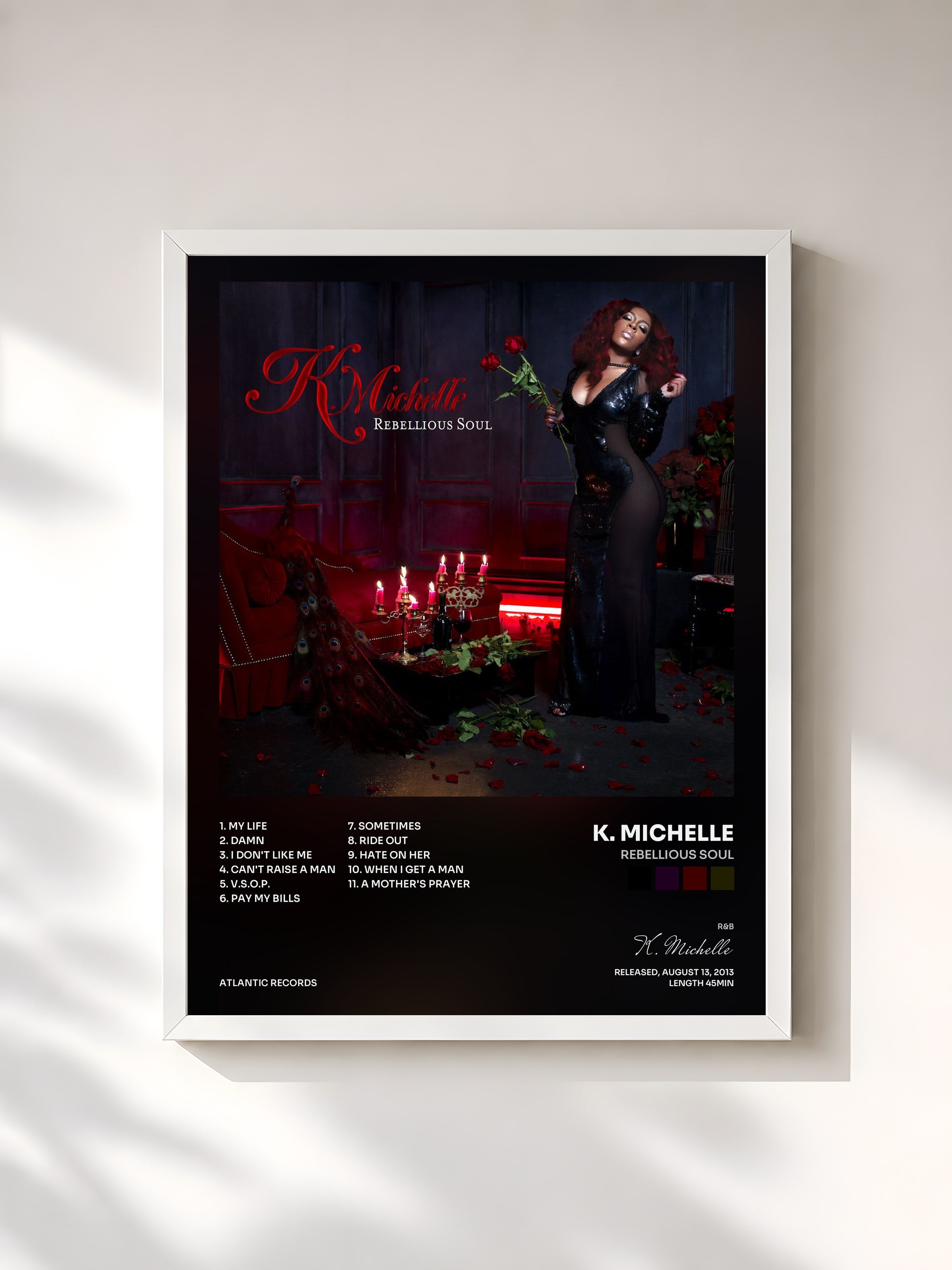 #blanc Tableau de l'album Rebellious Soul de K. Michelle, cadre blanc, imprimé et encadré en France