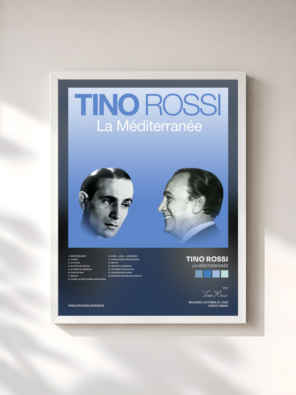 #blanc La Méditerranée de Tino Rossi en lámina enmarcada, marco blanco, impresa y enmarcada en Francia