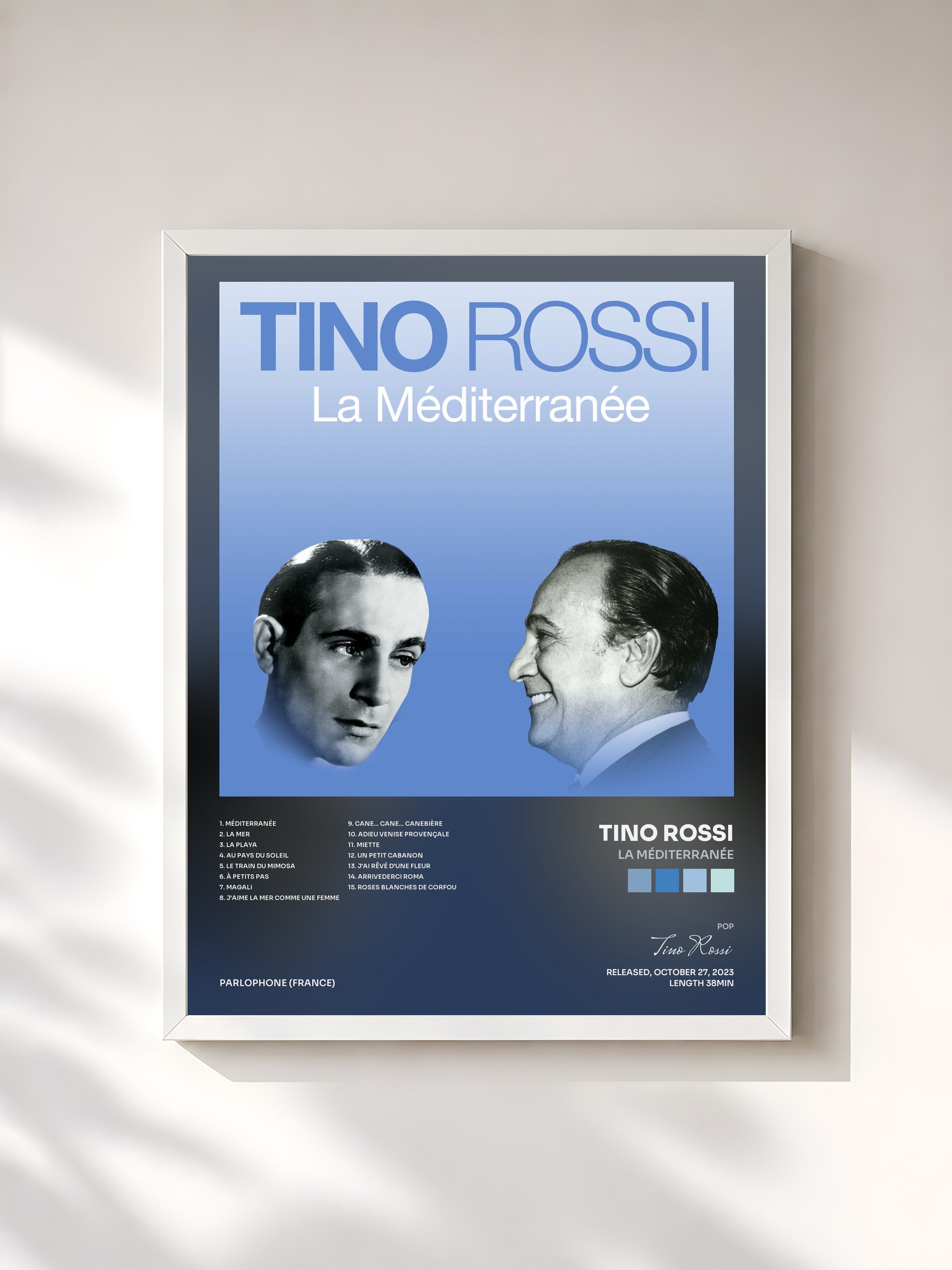 #blanc Tableau de l'album La Méditerranée de Tino Rossi, cadre blanc, imprimé et encadré en France