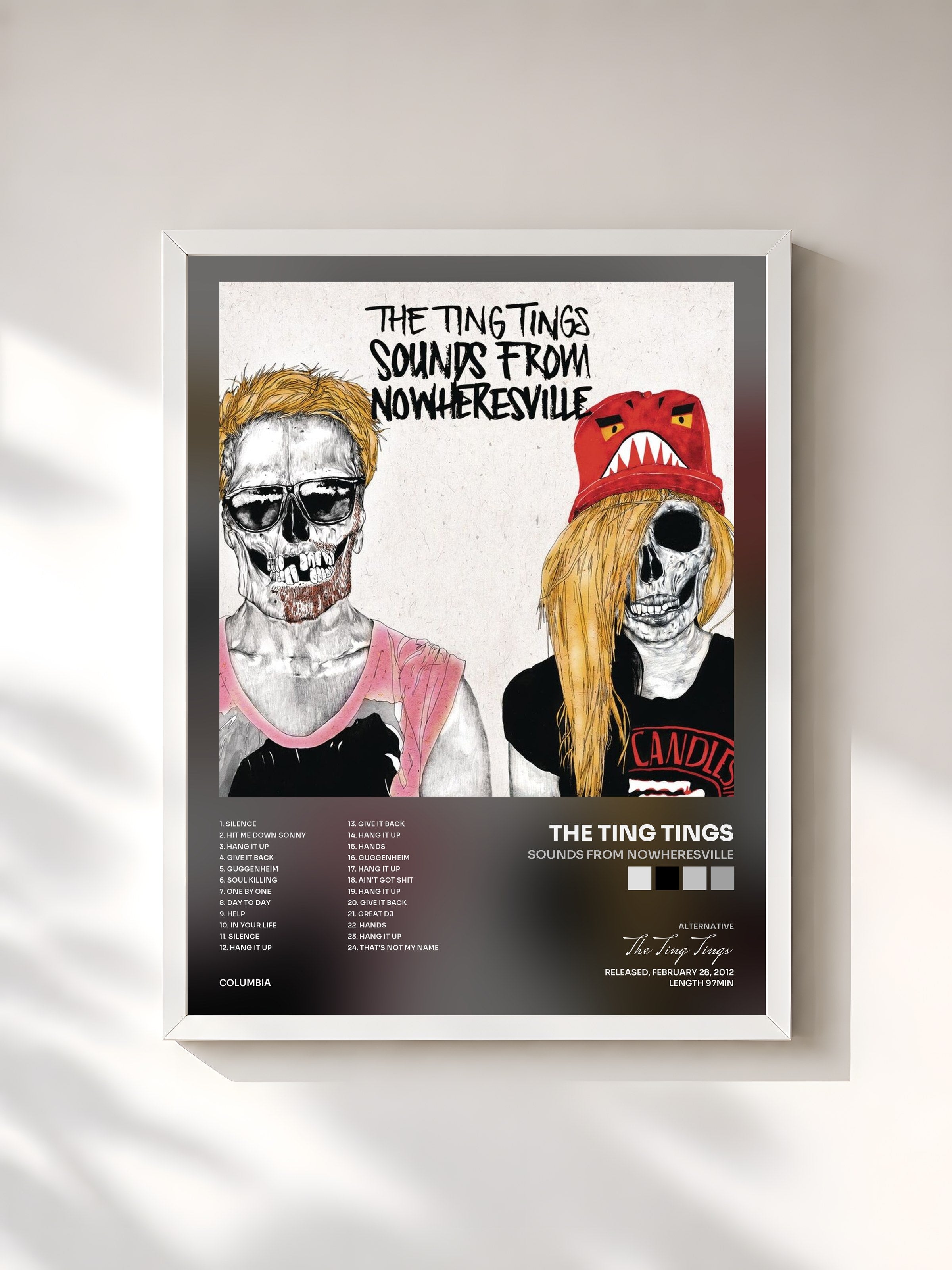 #blanc Tableau de l'album Sounds From Nowheresville de The Ting Tings, cadre blanc, imprimé et encadré en France