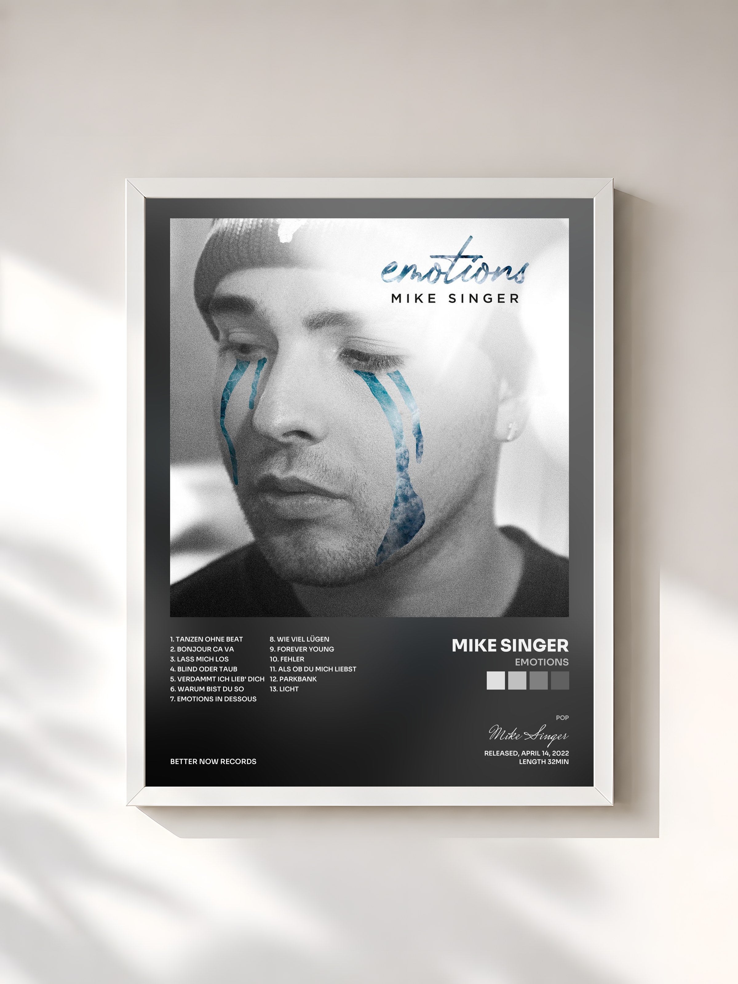 #blanc Tableau de l'album Emotions de Mike Singer, cadre blanc, imprimé et encadré en France