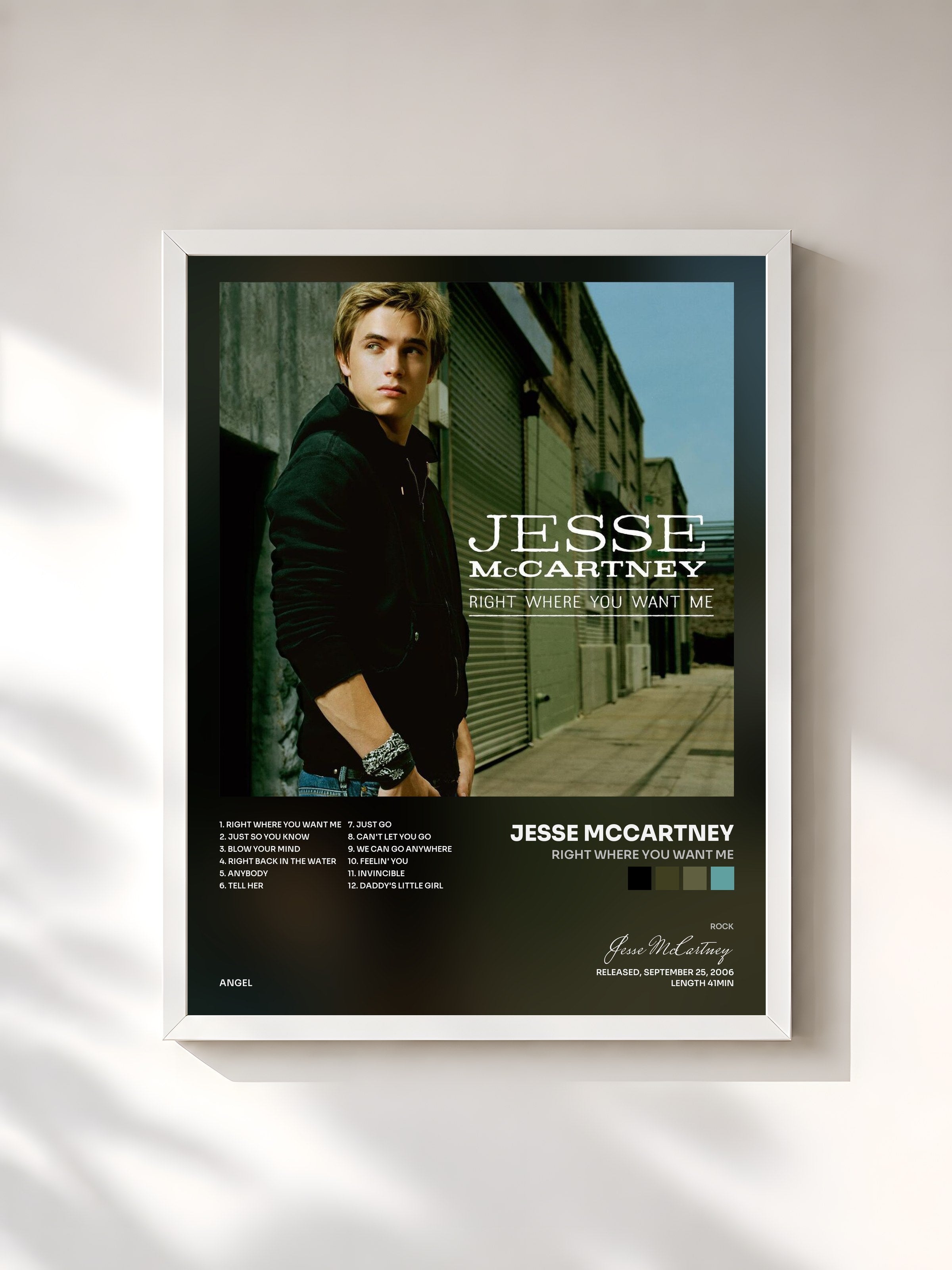 #blanc Tableau de l'album Right Where You Want Me de Jesse McCartney, cadre blanc, imprimé et encadré en France