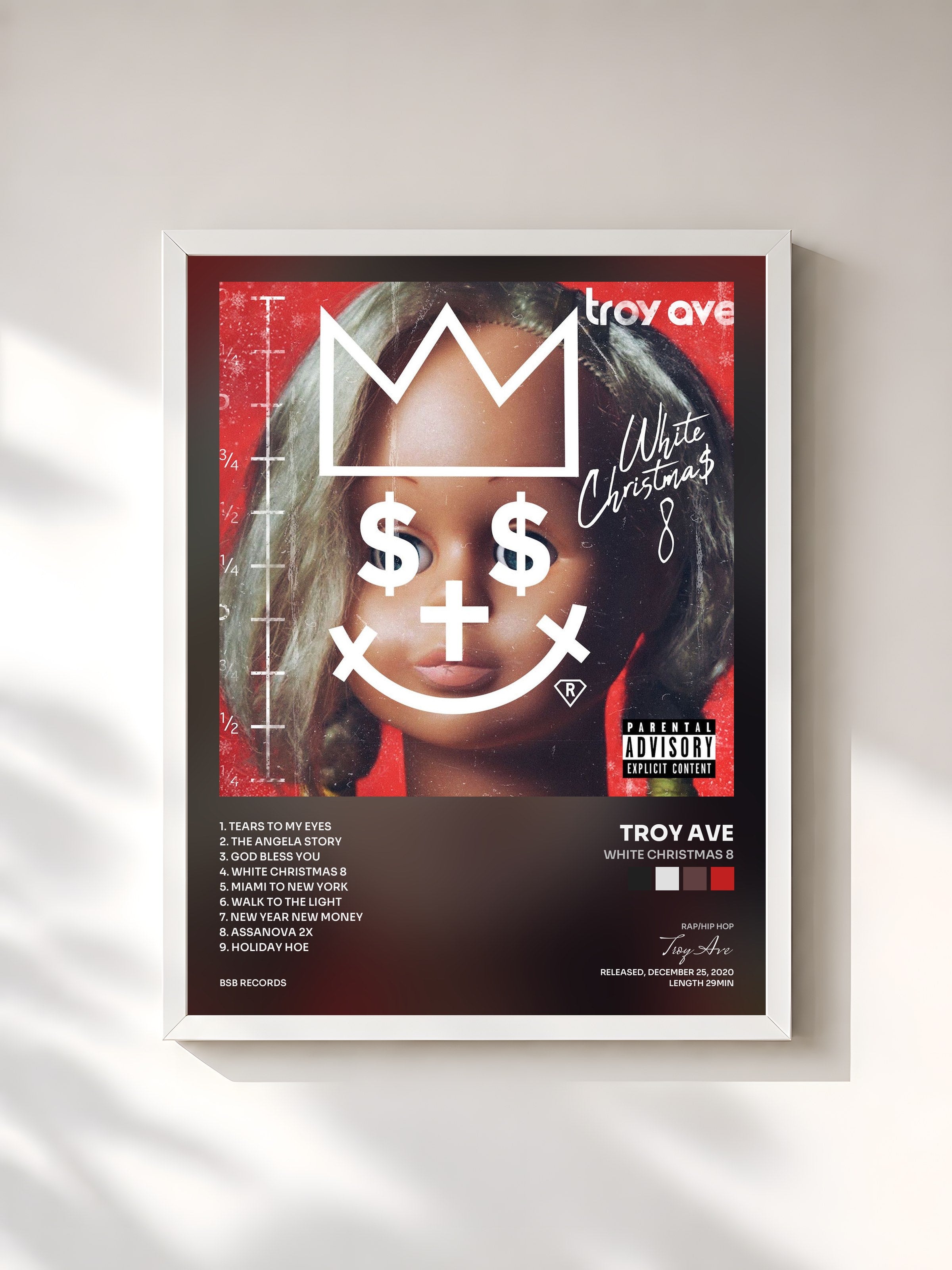 #blanc Tableau de l'album White Christmas 8 de Troy Ave, cadre blanc, imprimé et encadré en France
