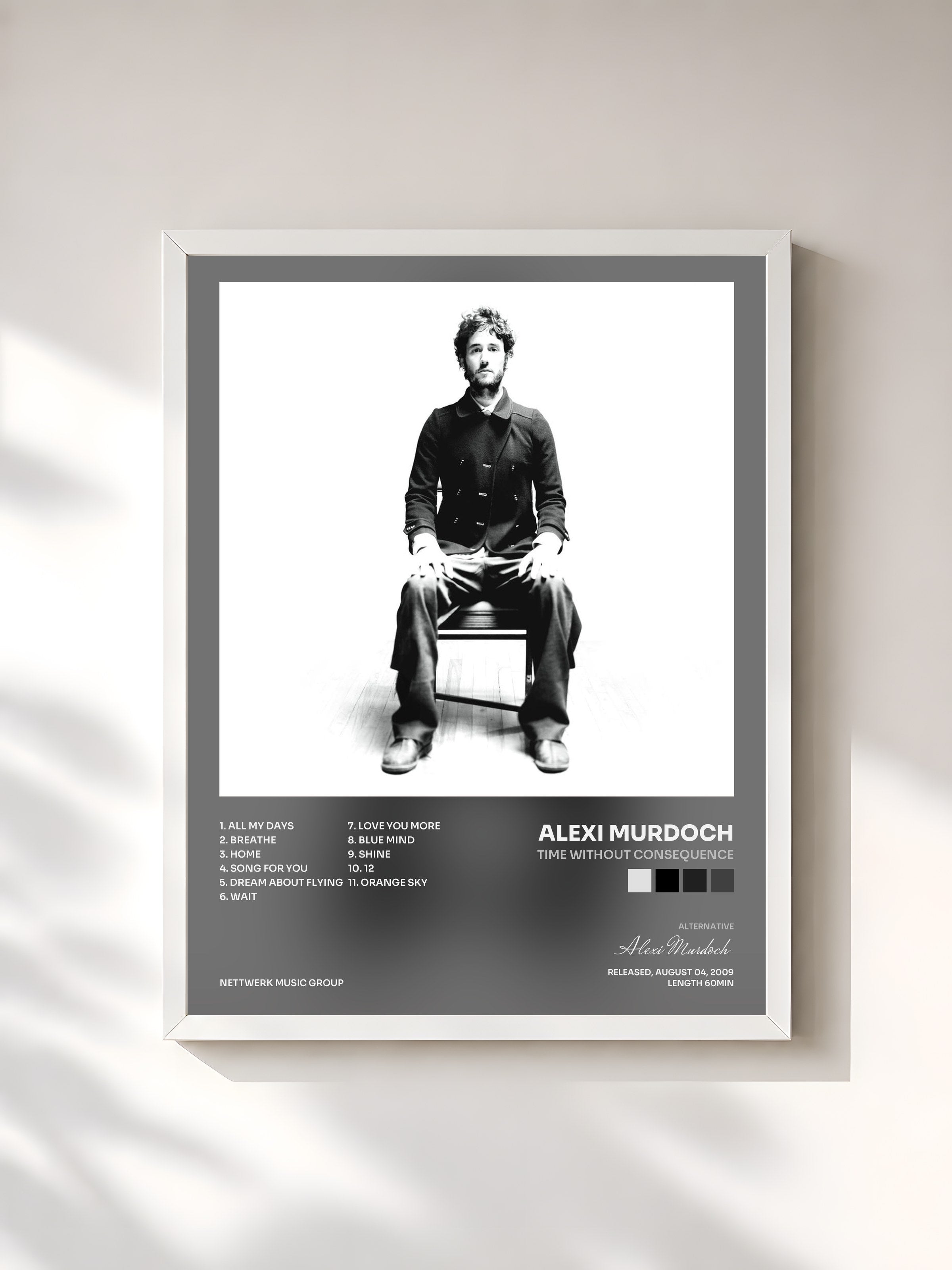 #blanc Tableau de l'album Time Without Consequence de Alexi Murdoch, cadre blanc, imprimé et encadré en France