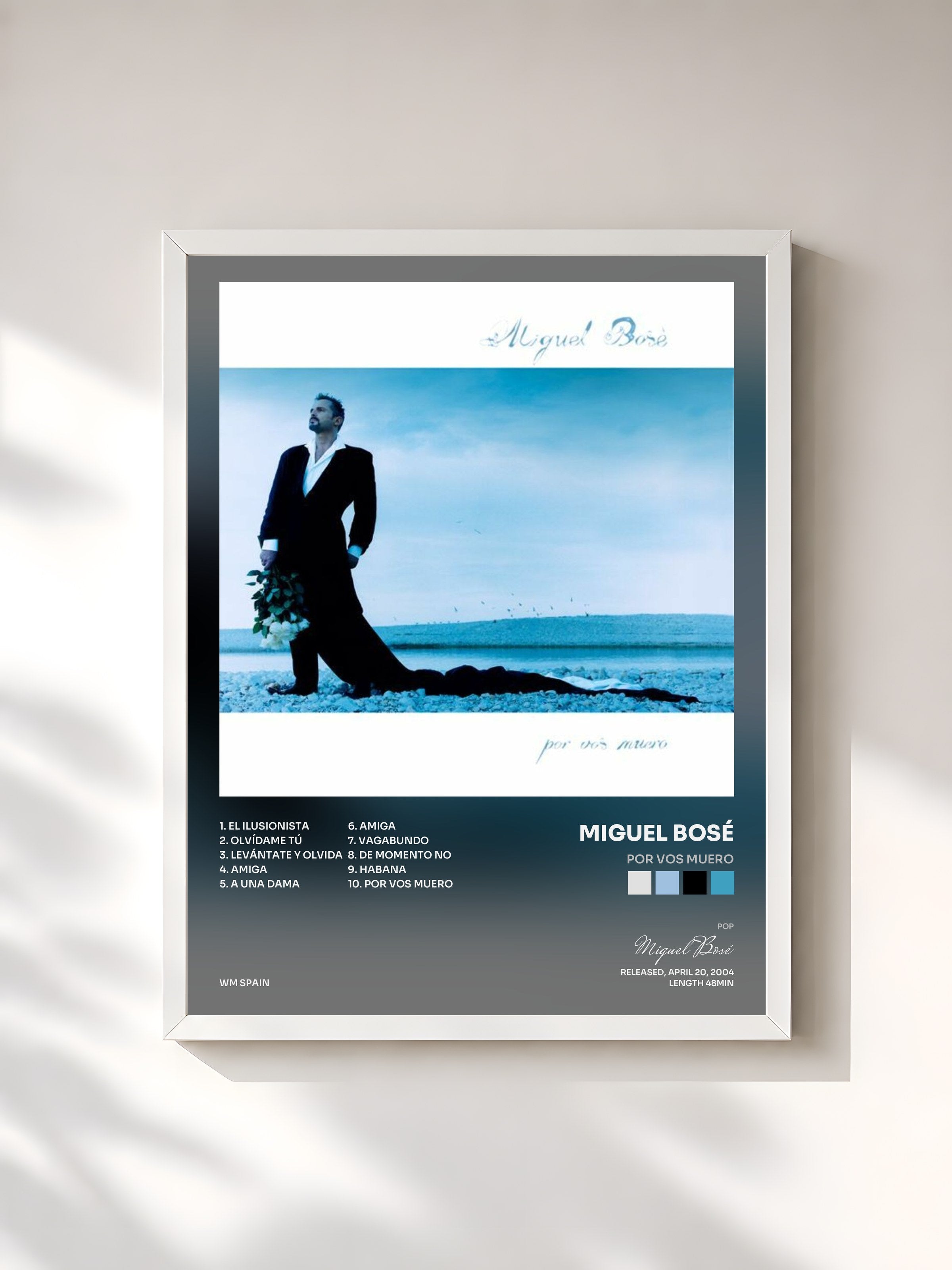 #blanc Tableau de l'album Por vos muero de Miguel Bosé, cadre blanc, imprimé et encadré en France