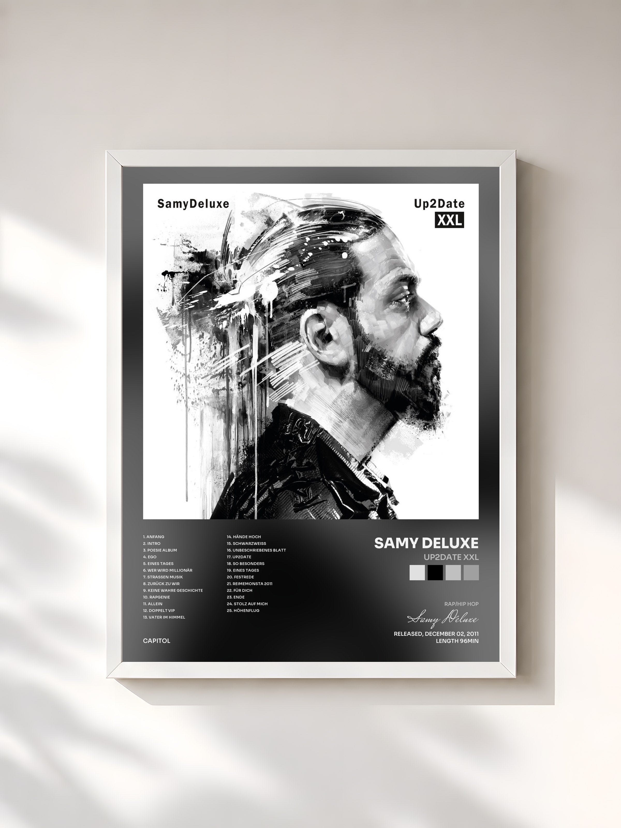 #blanc Tableau de l'album Up2Date XXL de Samy Deluxe, cadre blanc, imprimé et encadré en France