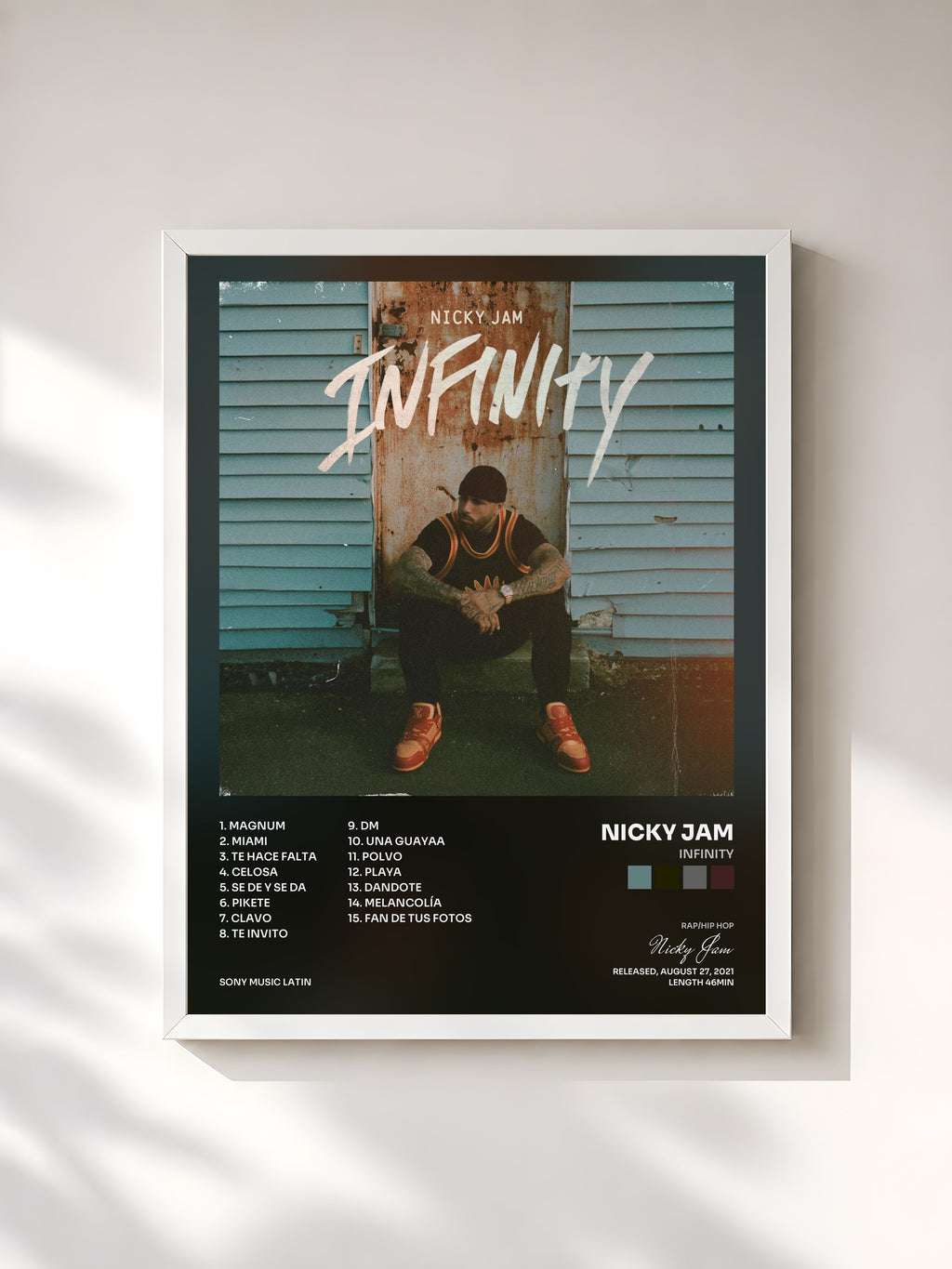 #blanc Tableau de l'album Infinity de Nicky Jam, cadre blanc, imprimé et encadré en France