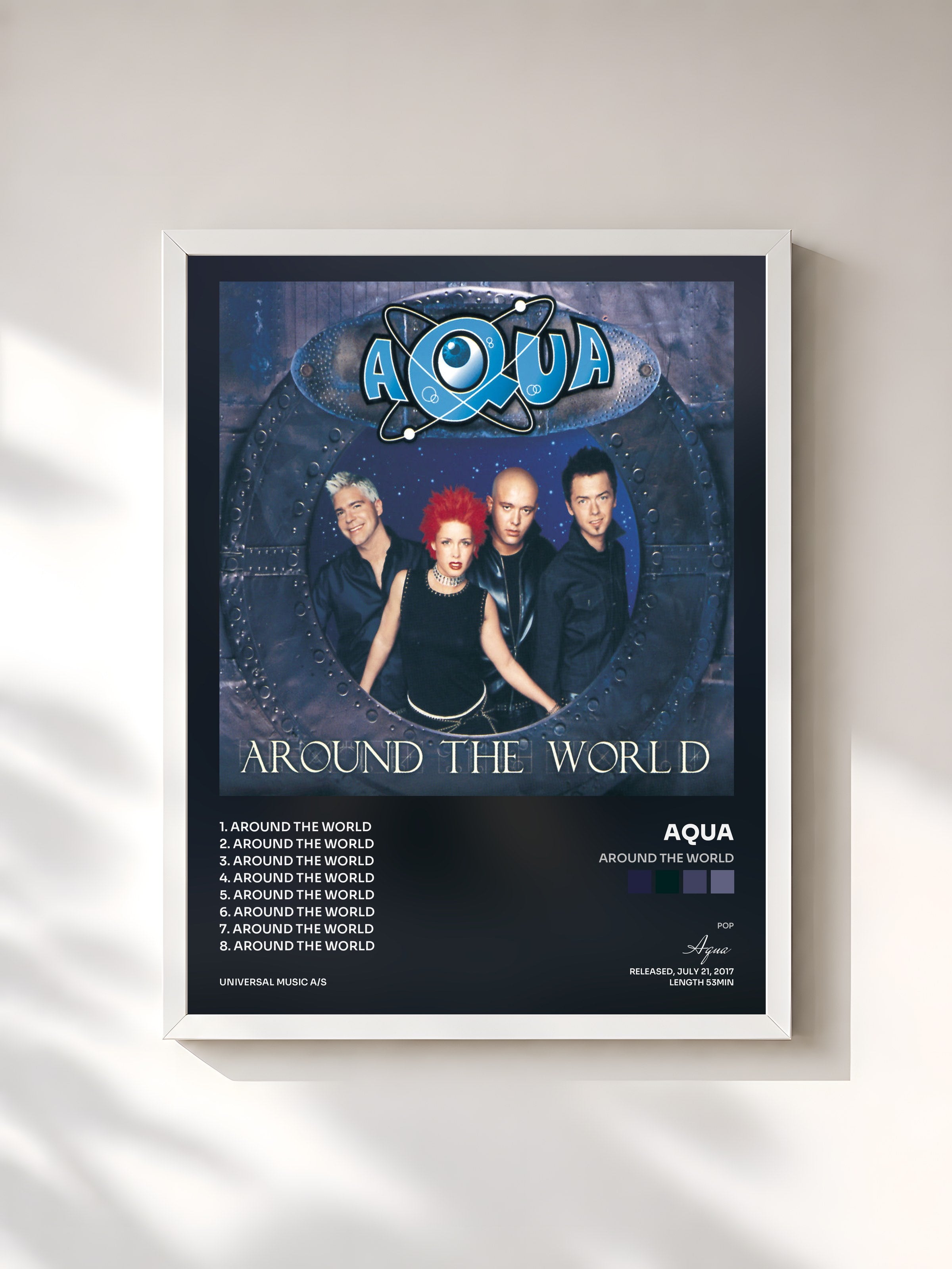 #blanc Tableau de l'album Around The World de Aqua, cadre blanc, imprimé et encadré en France