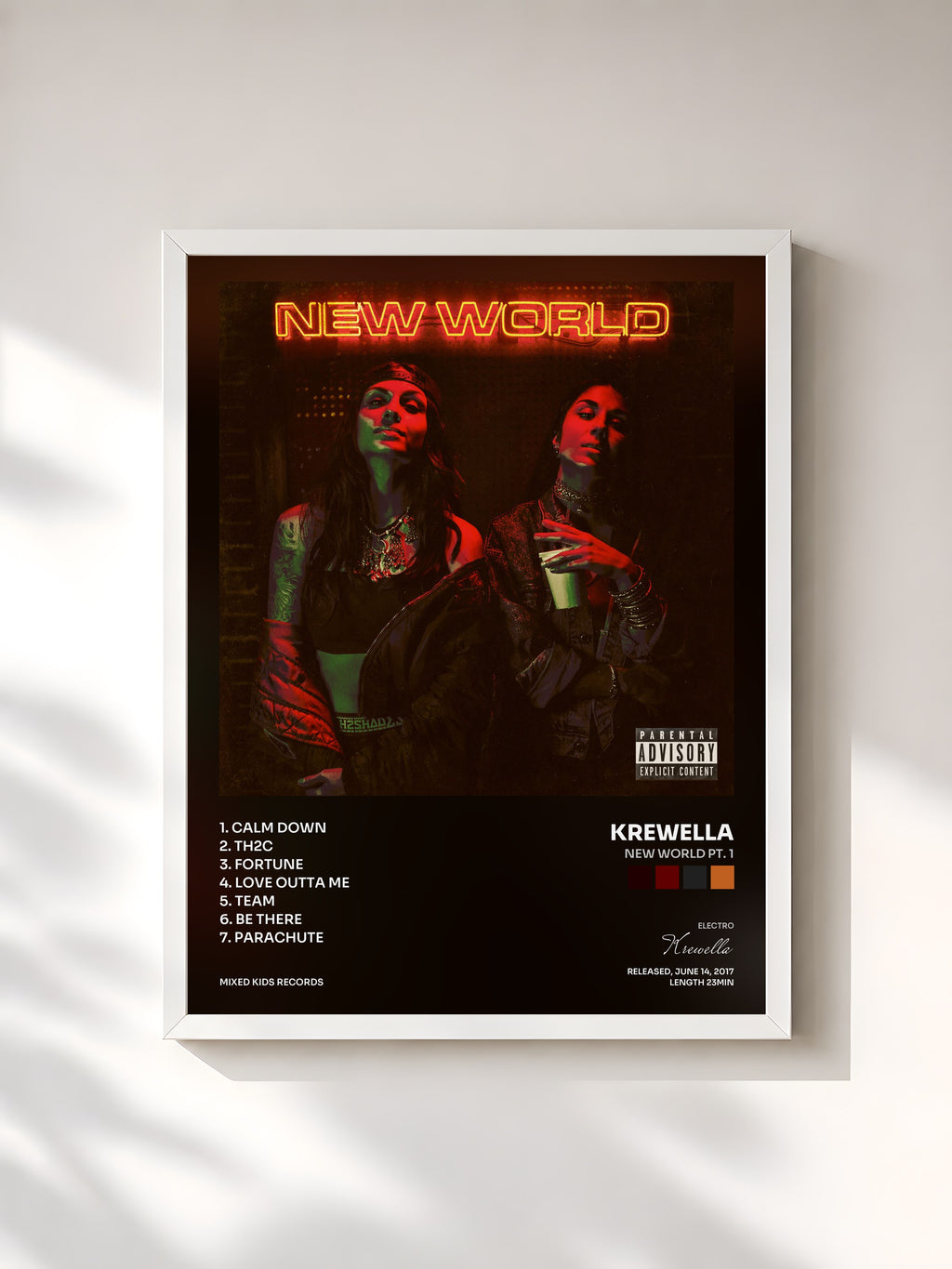 #blanc Tableau de l'album New World Pt. 1 de Krewella, cadre blanc, imprimé et encadré en France