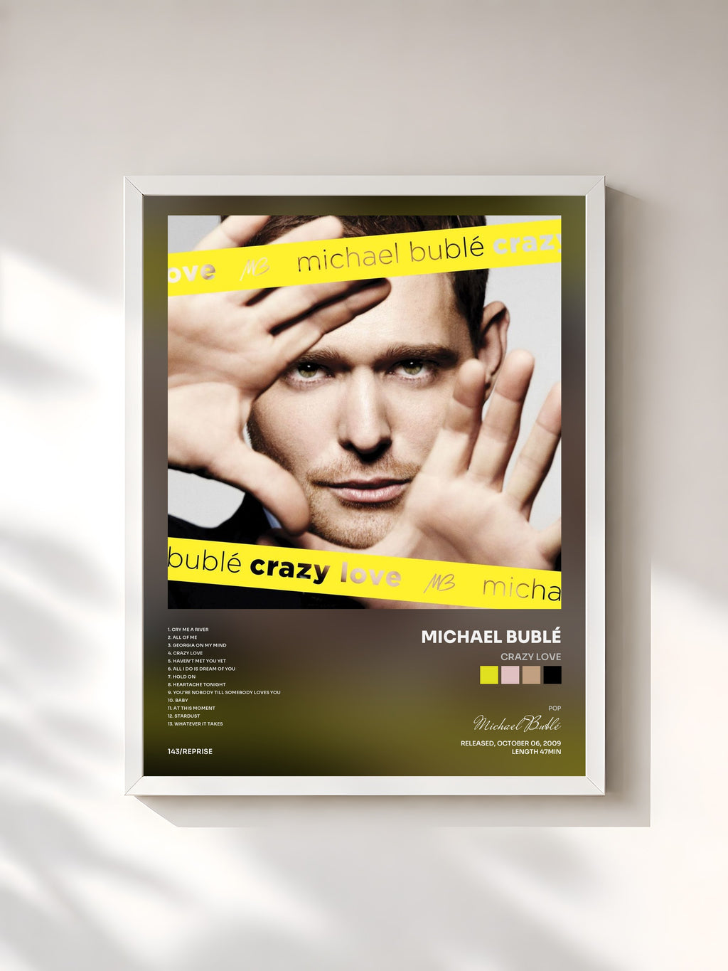 #blanc Tableau de l'album Crazy Love de Michael Bublé, cadre blanc, imprimé et encadré en France
