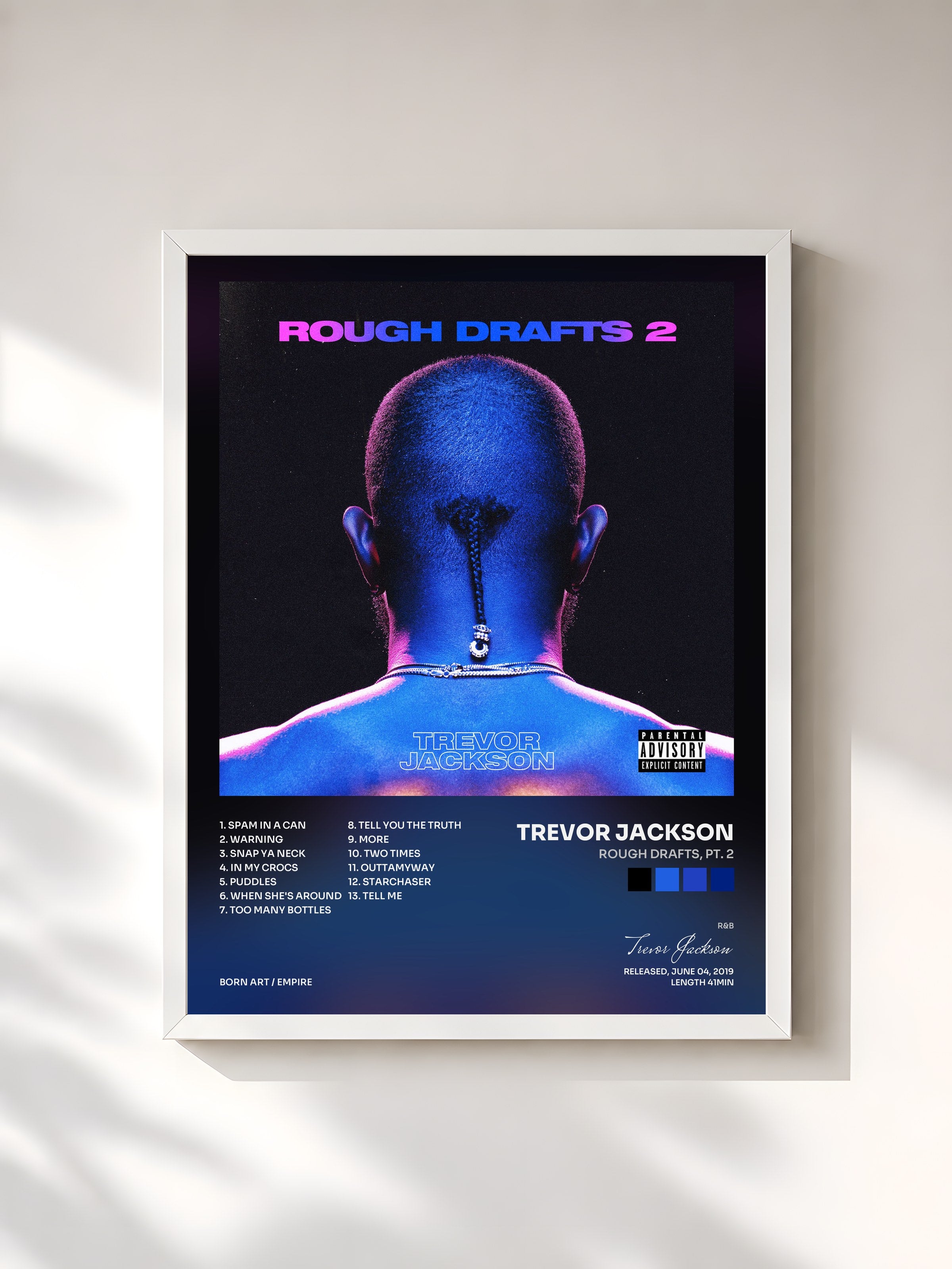 #blanc Tableau de l'album Rough Drafts, Pt. 2 de Trevor Jackson, cadre blanc, imprimé et encadré en France