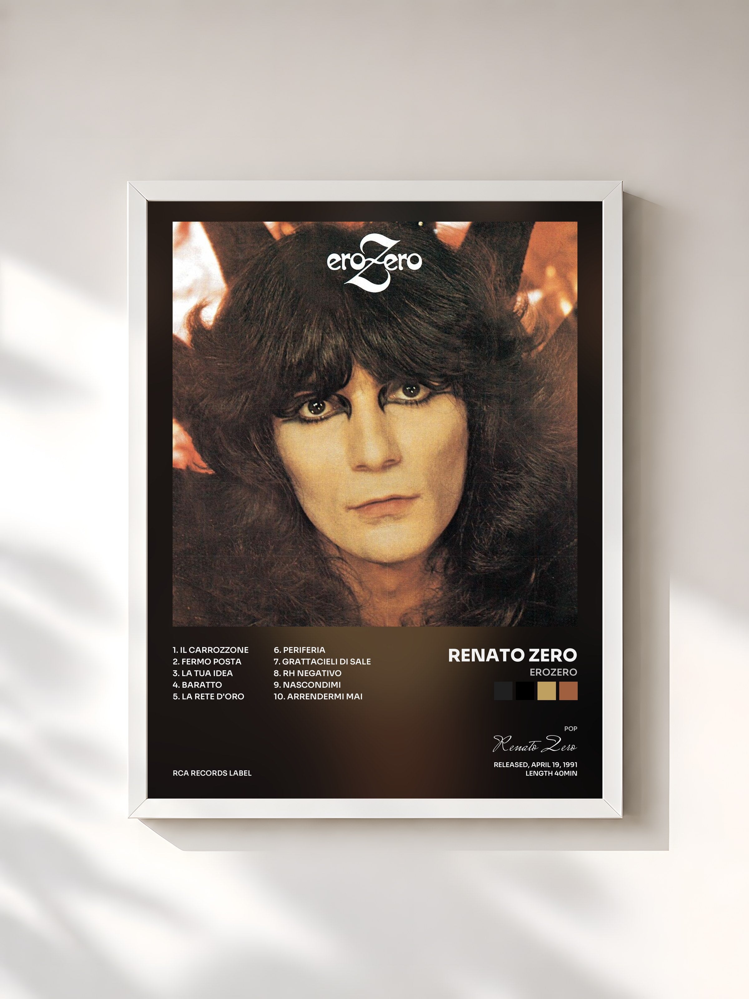#blanc Tableau de l'album Erozero de Renato Zero, cadre blanc, imprimé et encadré en France