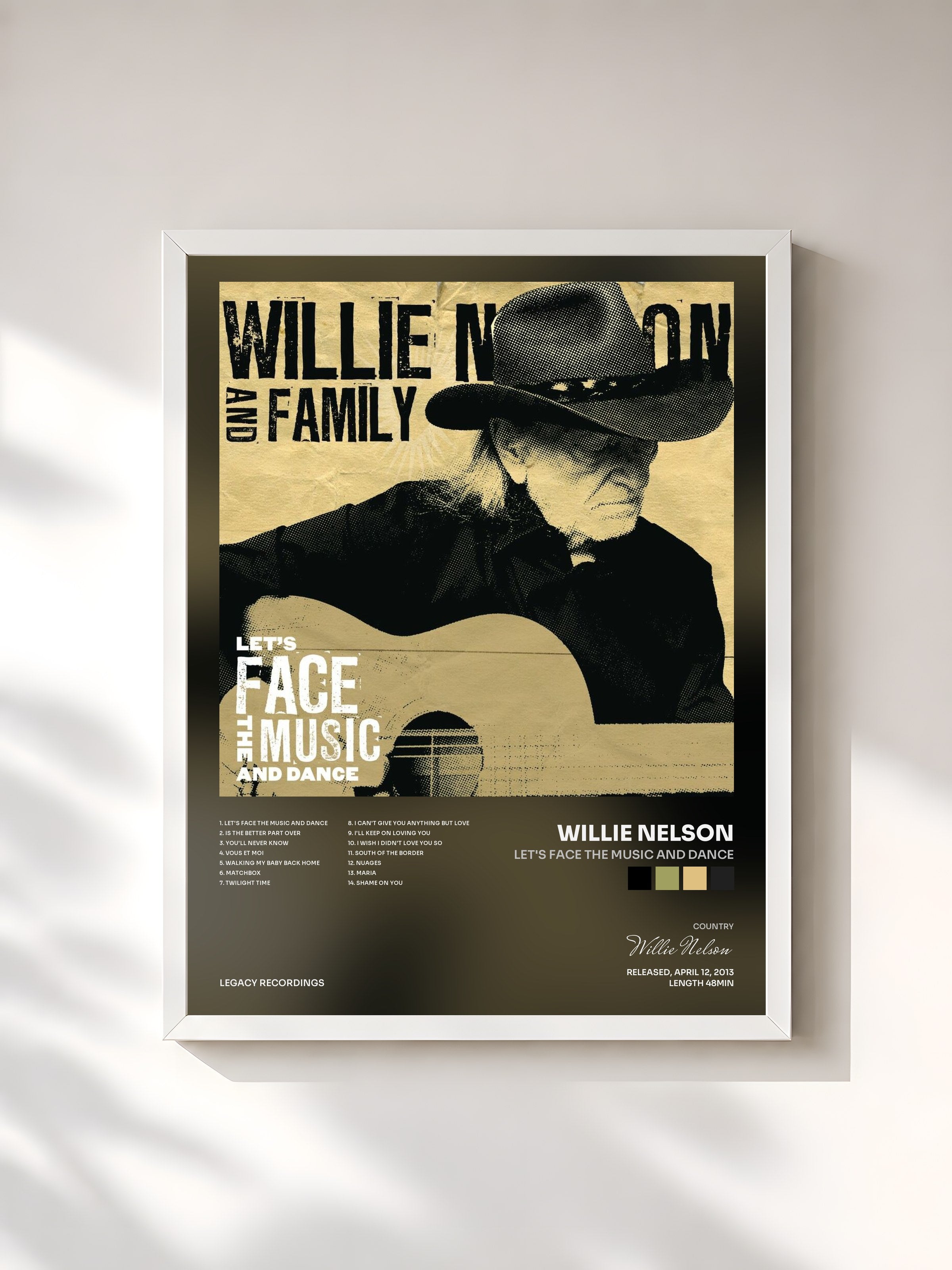 #blanc Tableau de l'album Let's Face The Music And Dance de Willie Nelson, cadre blanc, imprimé et encadré en France