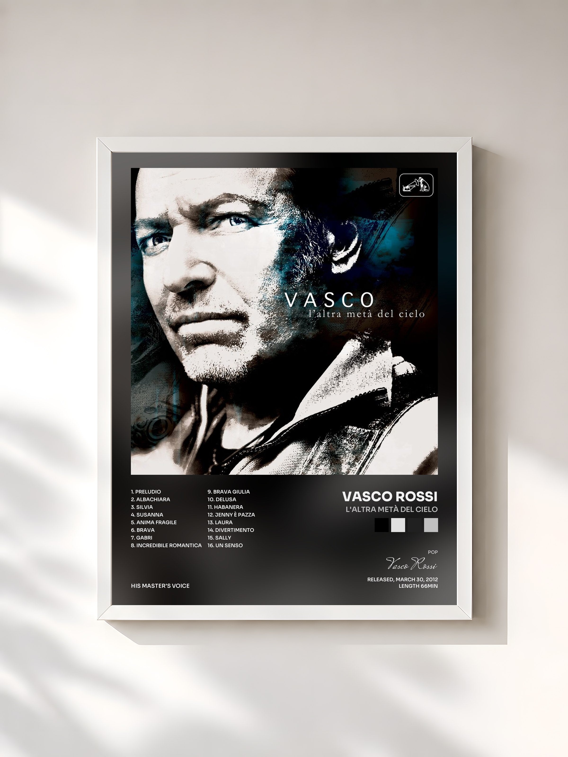 #blanc Tableau de l'album L'altra Metà del Cielo de Vasco Rossi, cadre blanc, imprimé et encadré en France