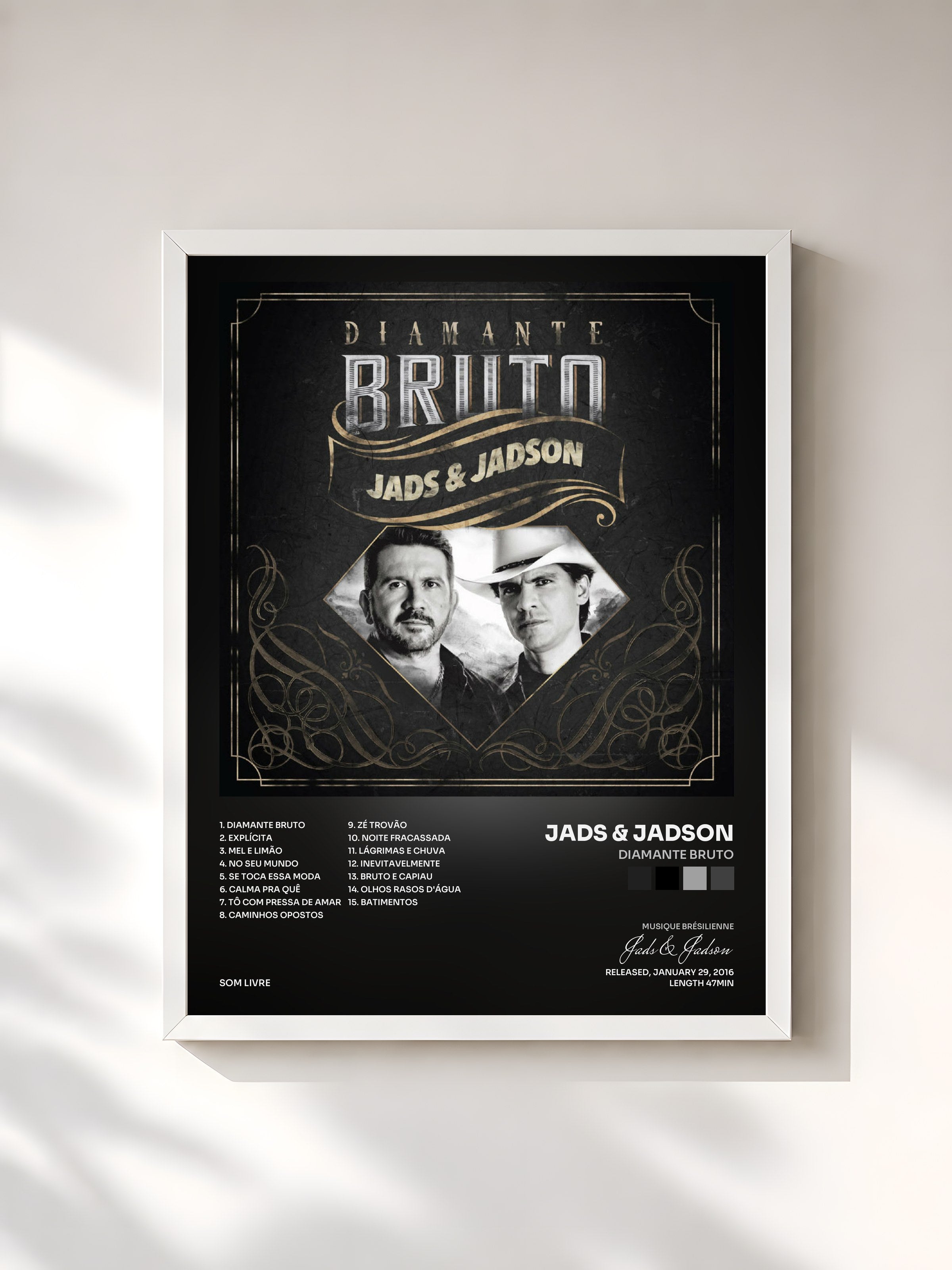 #blanc Tableau de l'album Diamante Bruto de Jads & Jadson, cadre blanc, imprimé et encadré en France