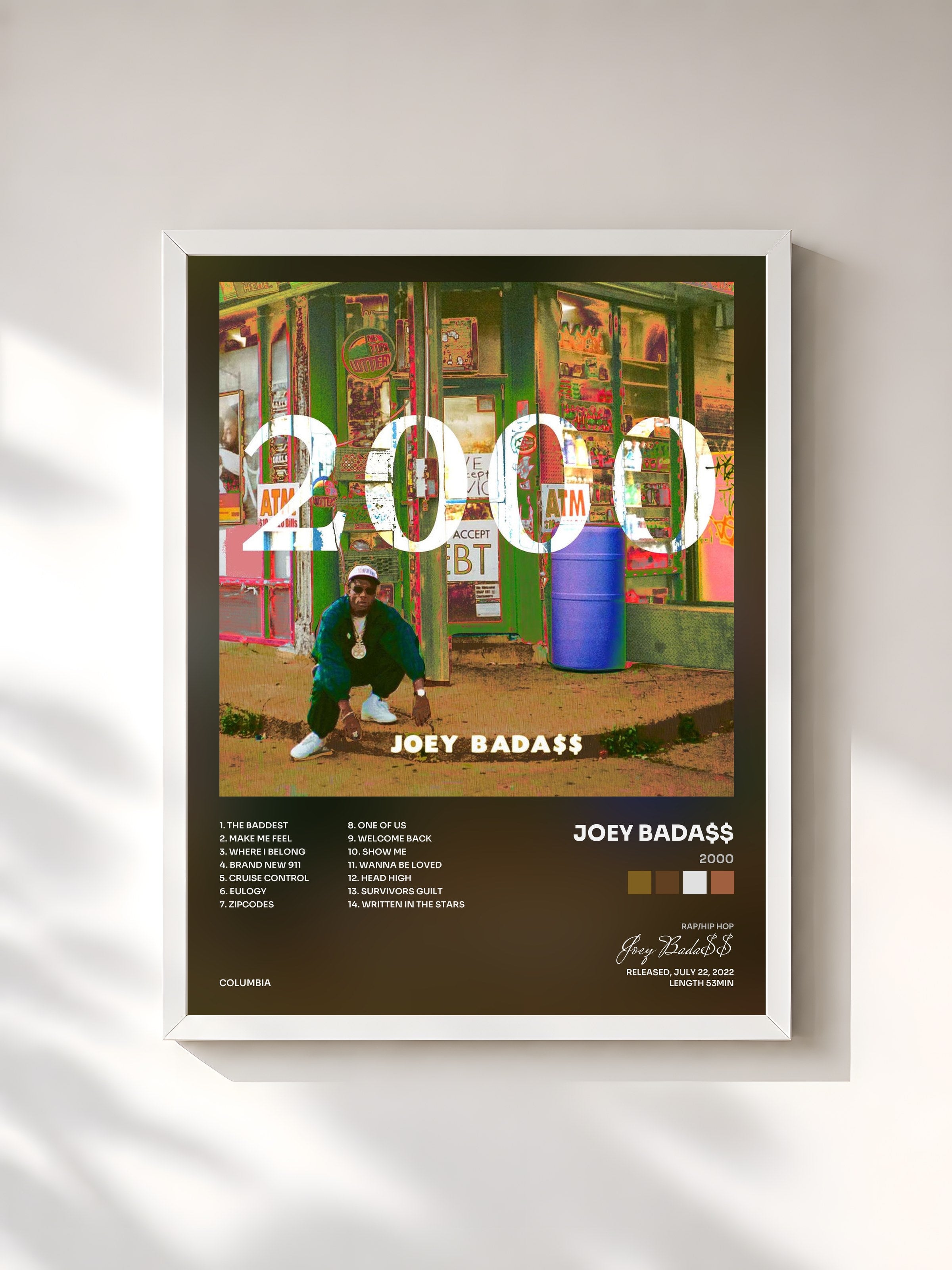 #blanc Tableau de l'album 2000 de Joey Bada$$, cadre blanc, imprimé et encadré en France