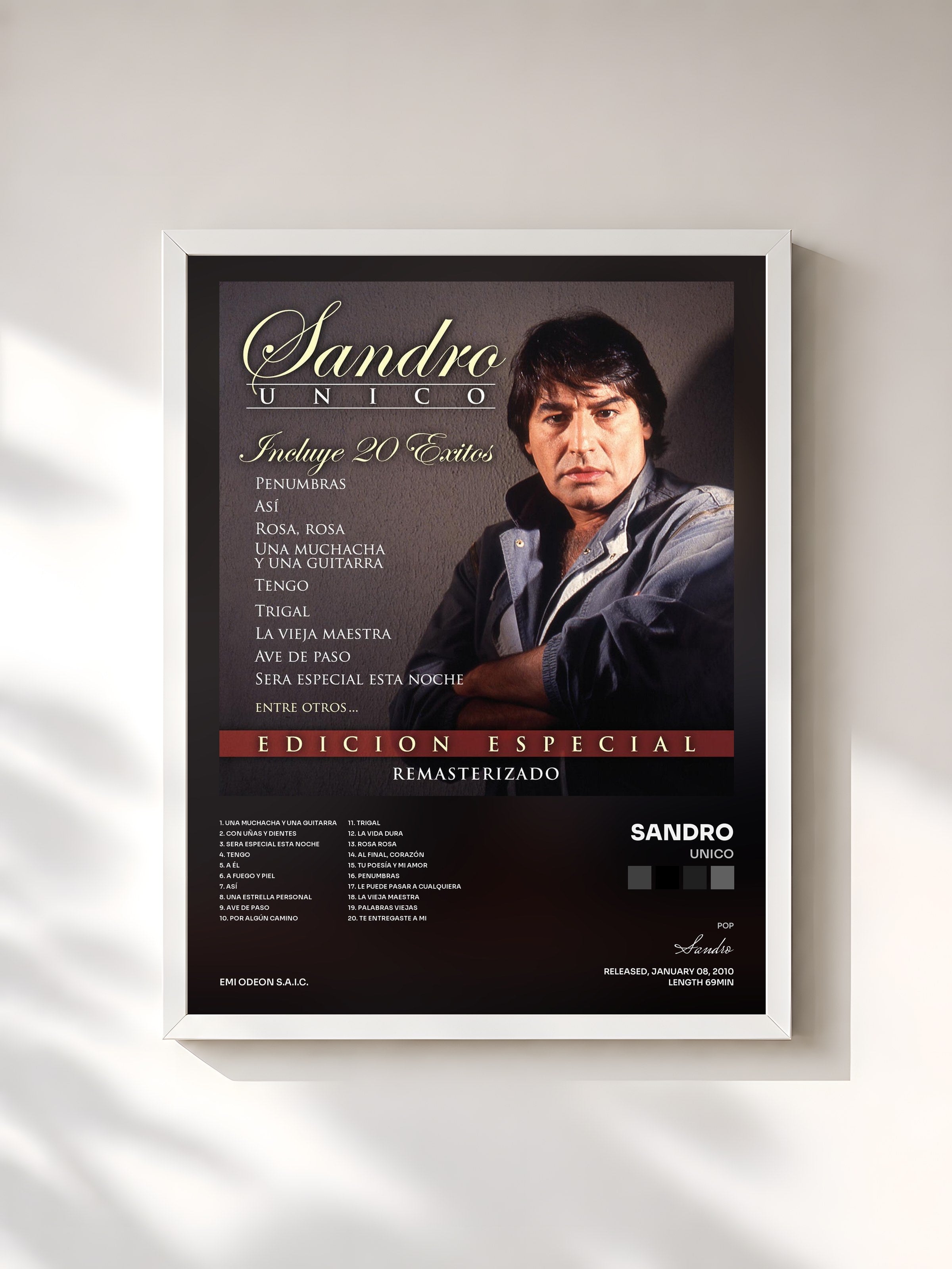 #blanc Tableau de l'album Unico de Sandro, cadre blanc, imprimé et encadré en France
