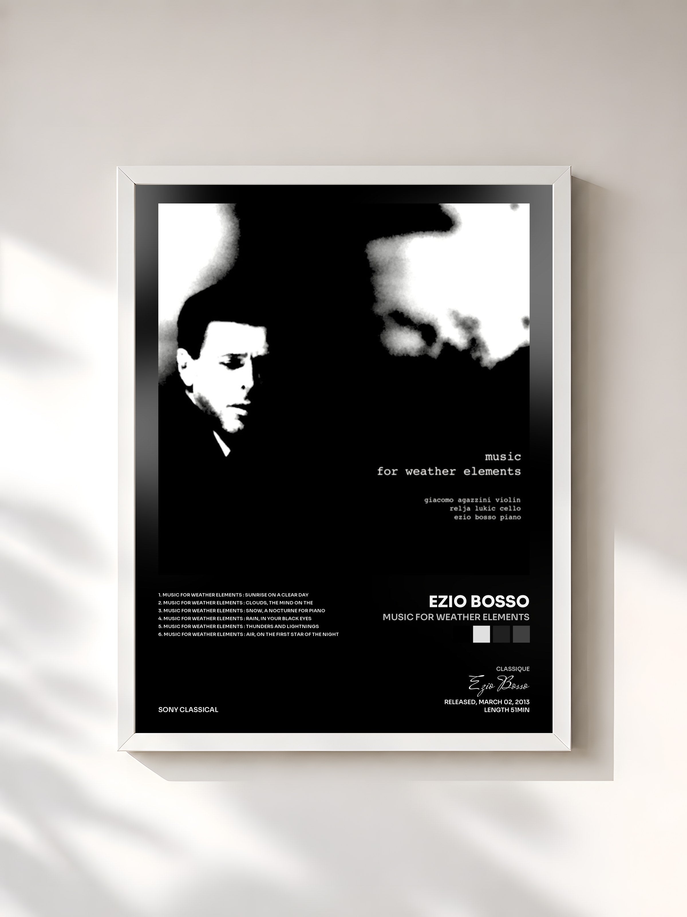 #blanc Tableau de l'album Music for Weather Elements de Ezio Bosso, cadre blanc, imprimé et encadré en France