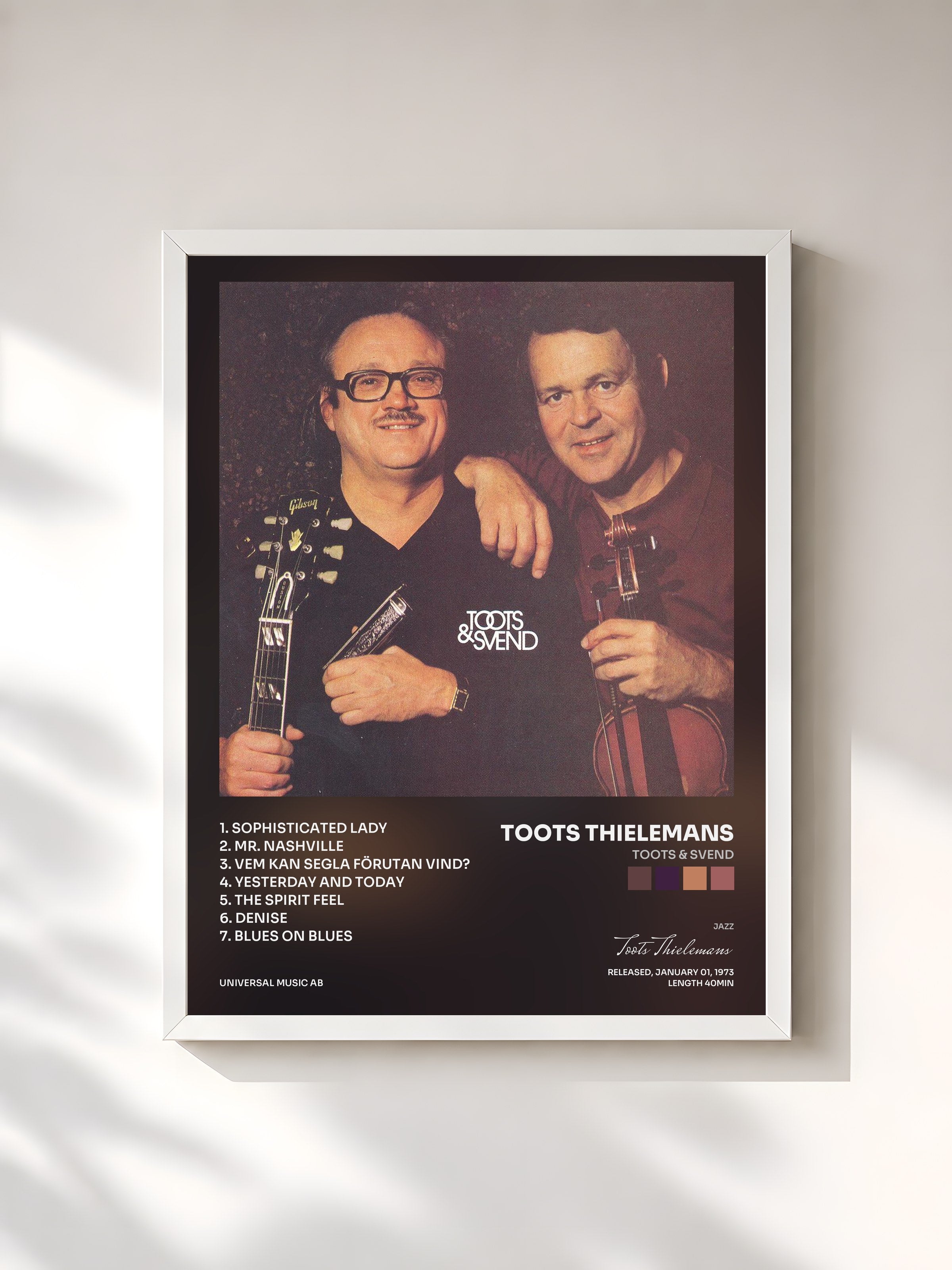 #blanc Tableau de l'album Toots & Svend de Toots Thielemans, cadre blanc, imprimé et encadré en France