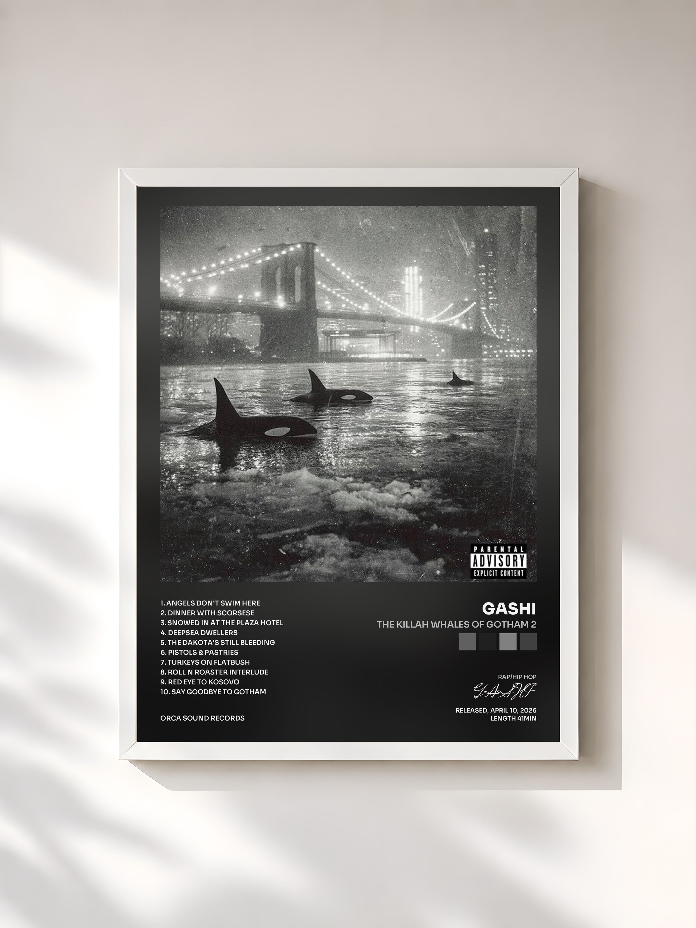 #blanc Tableau de l'album The Killah Whales Of Gotham 2 de GASHI, cadre blanc, imprimé et encadré en France